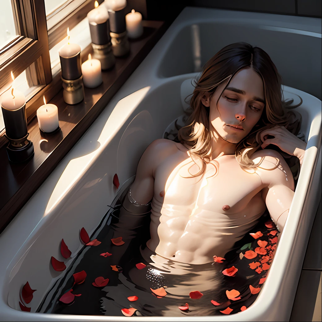 Jared Leto lying naked in a black bathtub, surrounded by candles in the bathroom whose light alone illuminates the room, rose petals in the water. --auto --s2