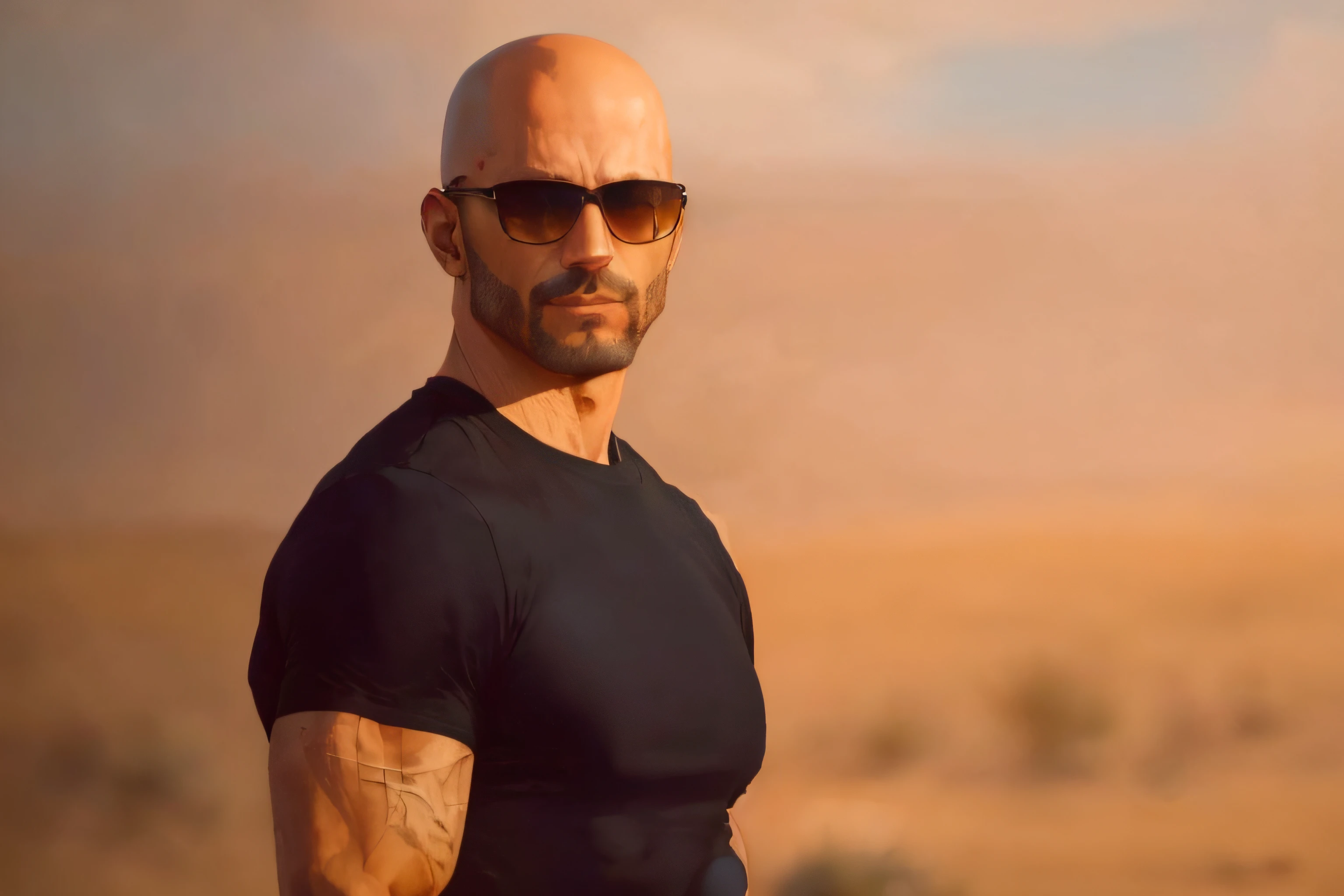 arafed man with sunglasses and a black shirt standing in a desert, inspired by Daryush Shokof, dominic toretto, kane from command & conquer, muscular bald man, bald with short beard, bald head and menacing look, vin diesel with a tummy, vin diesel, no hair completely bald, masterpice, adar darnov