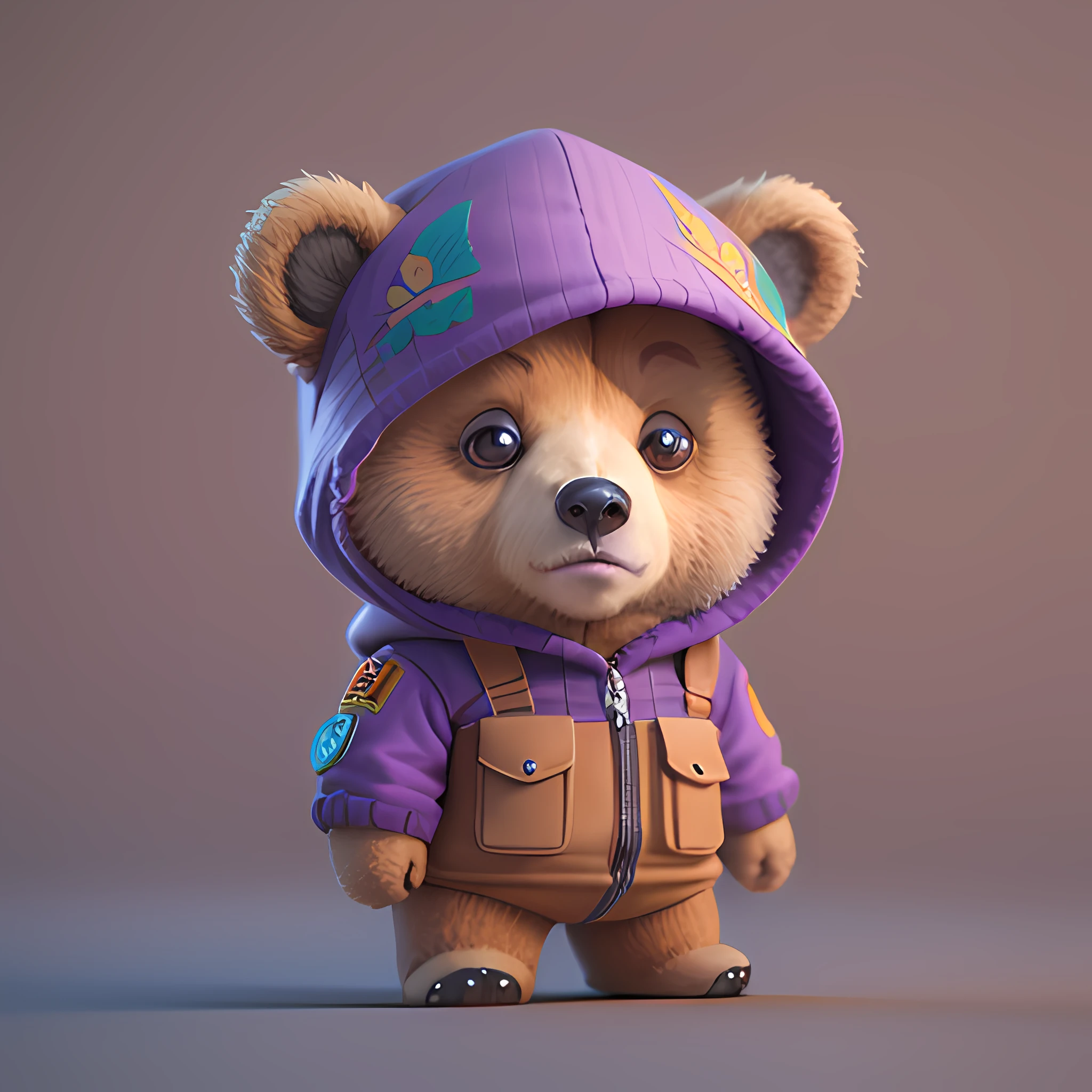 highly detailed 3D render cute bear with explorer costume, kids cartoon style, high detailed textures, soft smooth textures, purple color gradient in background.