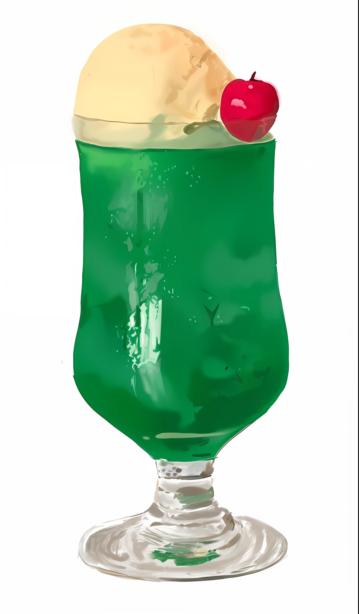 There is a green drink with cherries on top, Green, Drink, hurricane, full of greenish liquid, Digital Rendering, inspired by Kōno Michisei, Beautiful green liquid, some green, Tiki, rendered, #Green, inspired by Shūbun Tenshō, inspired by Masamitsu Ōta, Rendered illustration