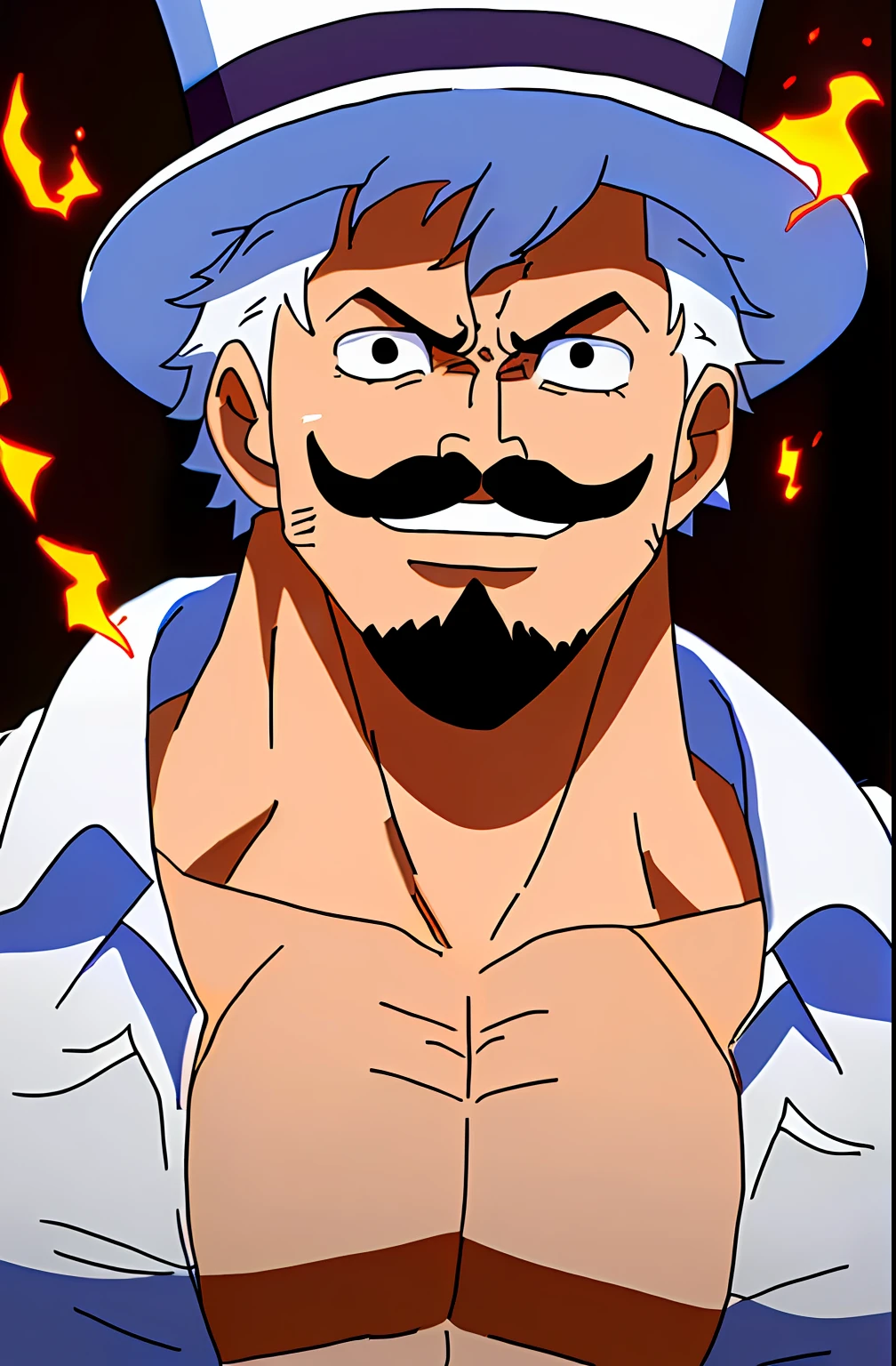 1boy, wanostyle, A shirtless stoic manly bodybuilder with a swirly mustache and white hair and top hat flexing, smiling, looking at viewer, solo, upper body, ((masterpiece)), (best quality), (extremely detailed), depth of field, sketch, dark intense shadows, sharp focus, soft lighting, hdr, colorful, good composition, fire all around, spectacular, closed shirt, anime screencap, scar under eye, ready to fight, black eyes