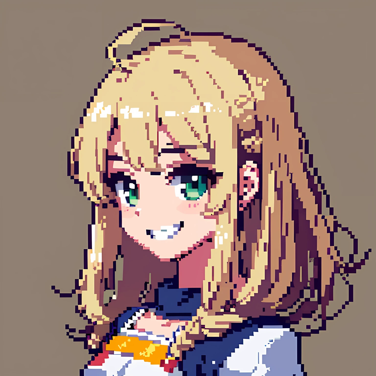 hcnone, pixel art, masterpiece, pixel, 1girl, portrait, beige blonde hair, light brown hair, green eyes, petite, small chest, face only, looking at viewer, profile picture, smile, grin, tsundere, ahoge, anime style, cute, simple background, grey background