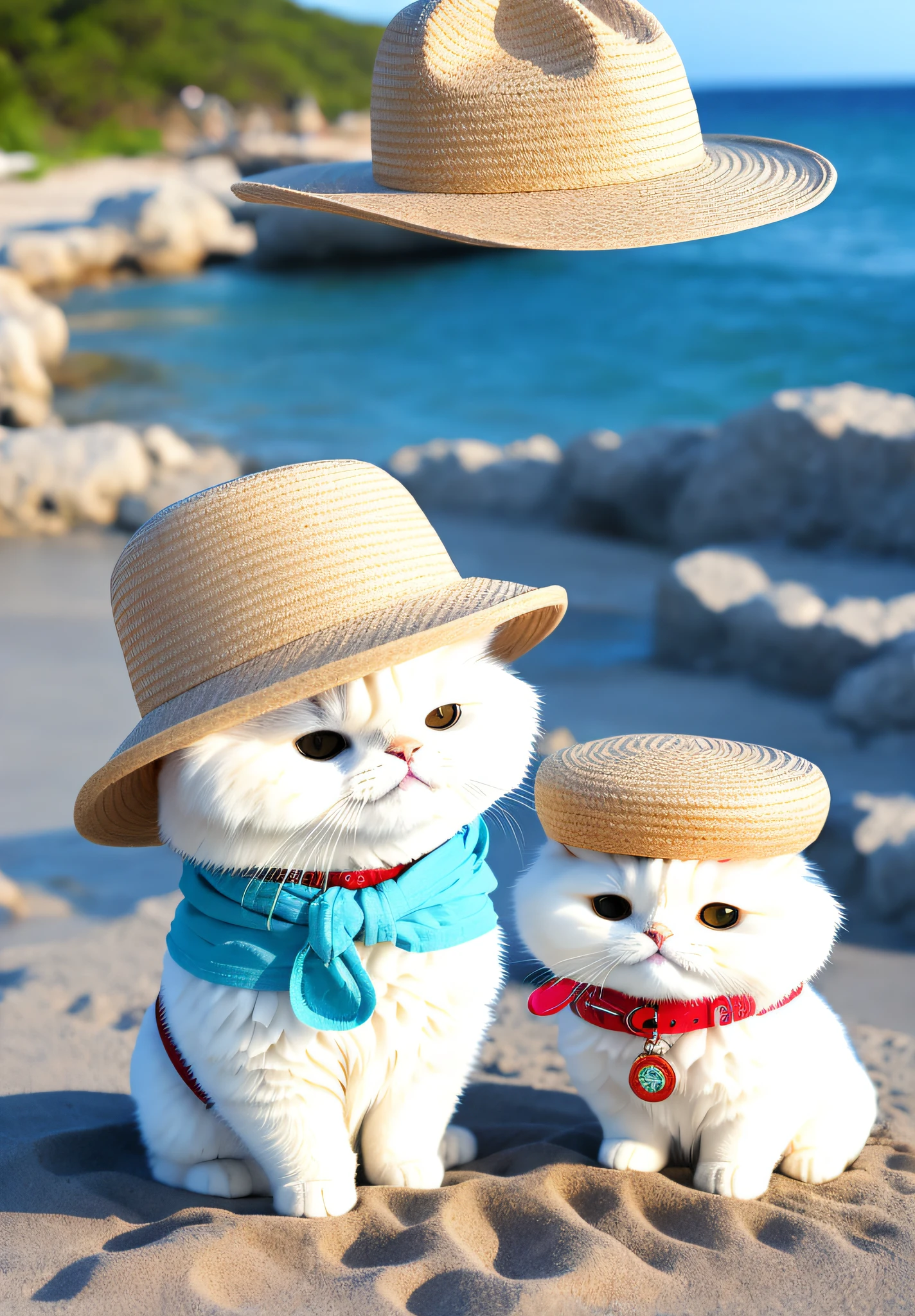 Fluffy cat sitting on the beach、swim ring、a straw fedora hat