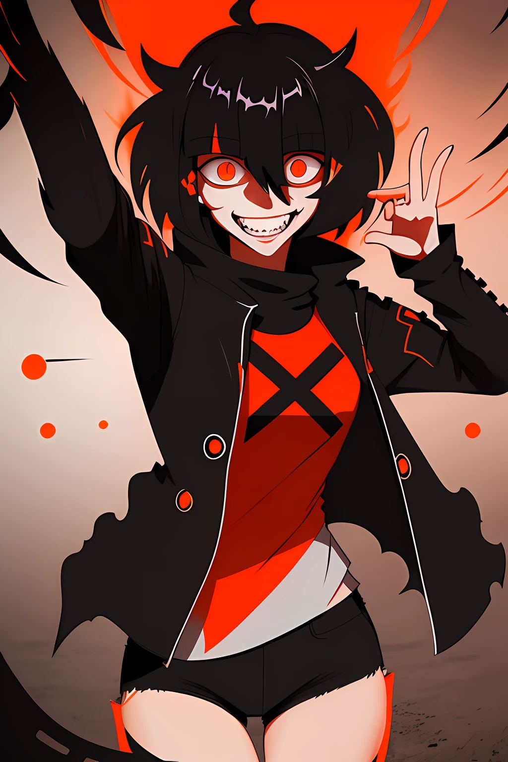 Best Quality, super detailed illustration, A  girl, (Crazy orange eyes:1.2),(wide eyes:1.2), (short disheveled black hair:1.2),(crazy smile:1.2) ,(Scars:1.2), combat pose, the perfect body