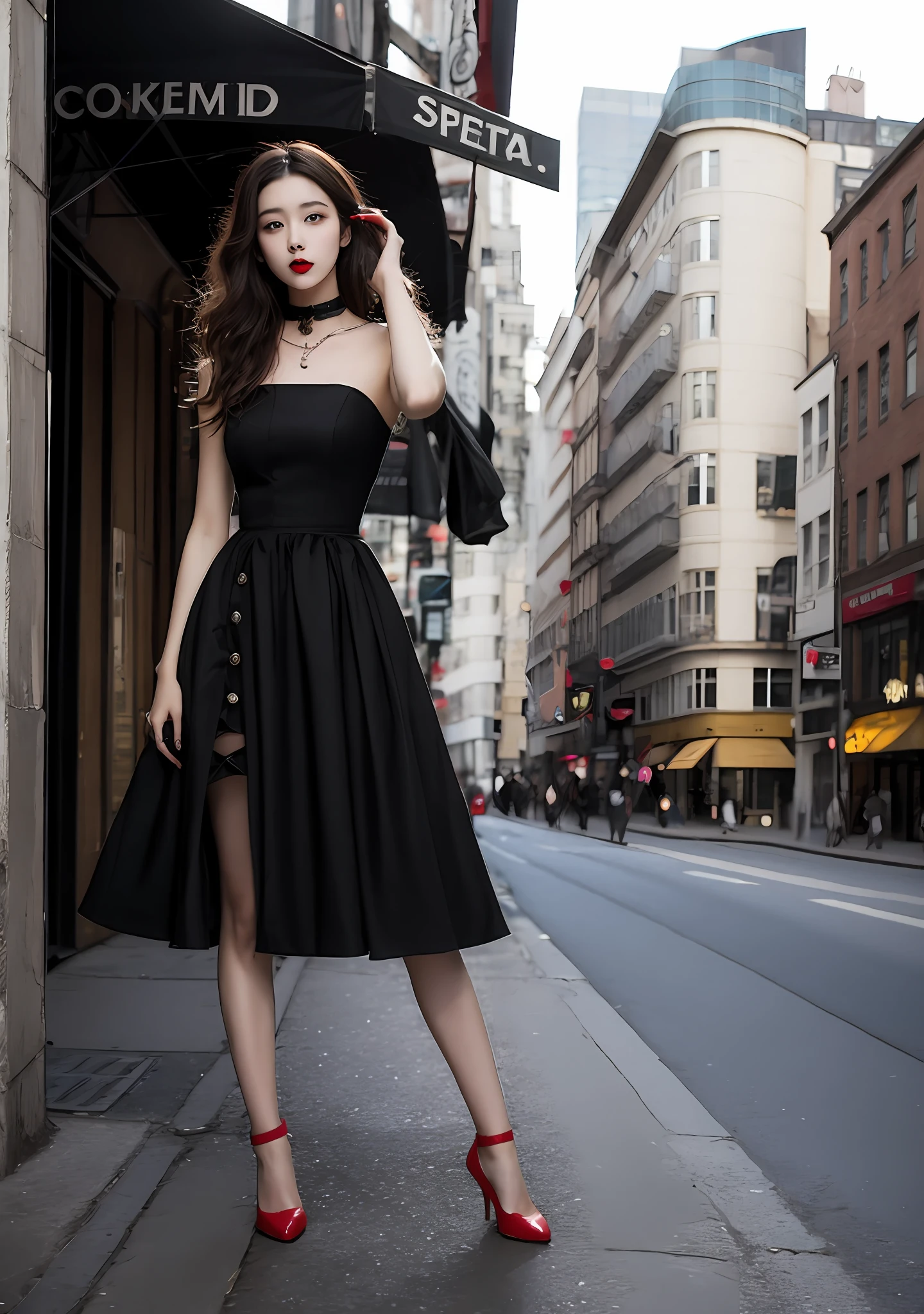 A Korean woman in a dress and red shoes stands in the street, People on the street were watching her,Long curly hair,Transparent gray dress, dressed in long fluent skirt, wearing a gothic dress, wearing a cocktail dress, spellbinding,spellbinding, Sultry and beckoning,lightweight but imposing