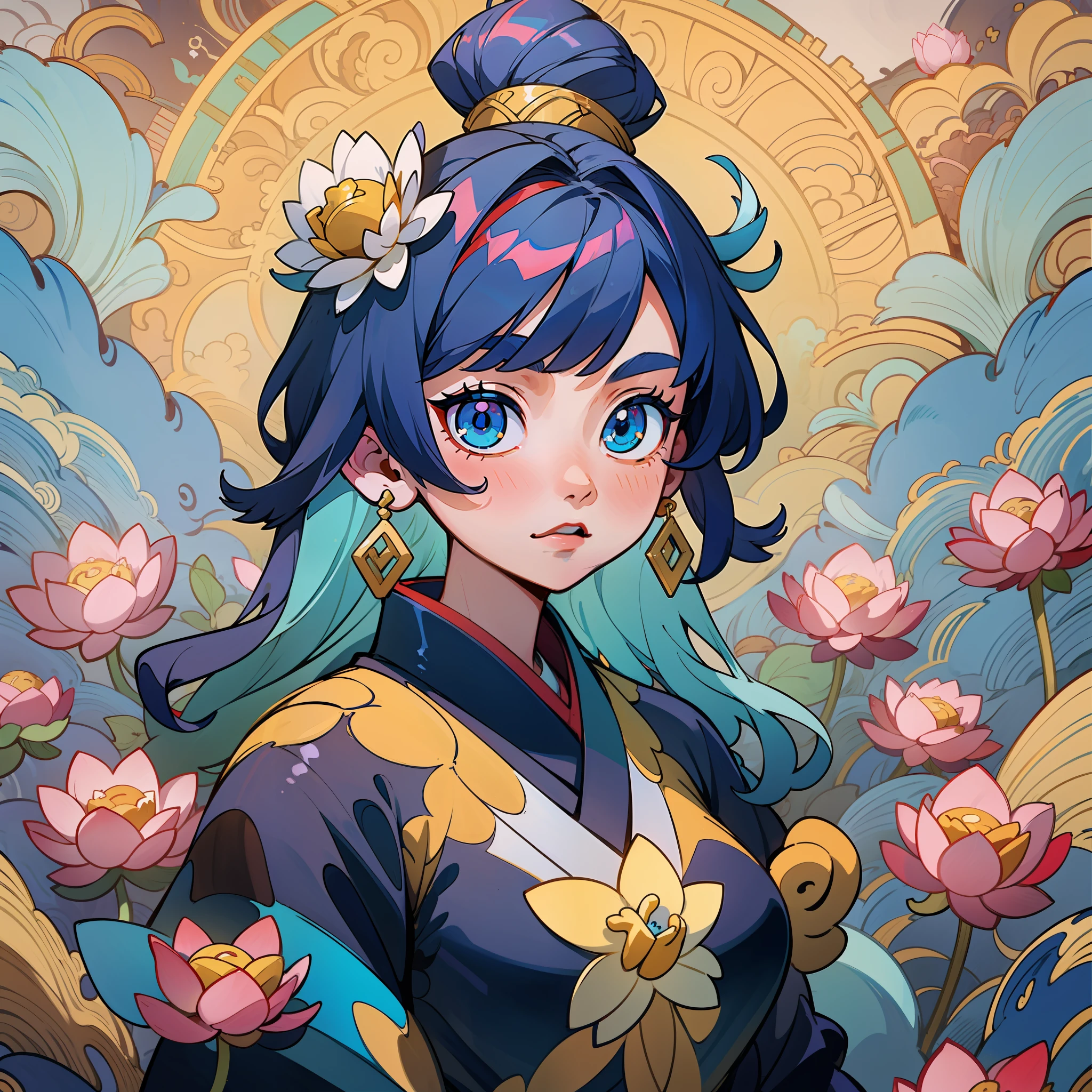 Menina anime com cabelo azul e olhos azuis segurando uma flor, arte detalhada onmyoji, gilded lotus princess, palace, Uma menina em Hanfu, rossdraw desenho animado vibrante, Directed by: Ryan Yee, beautiful young wind spirit, anime fantasy illustration, standing gracefully upon a lotus