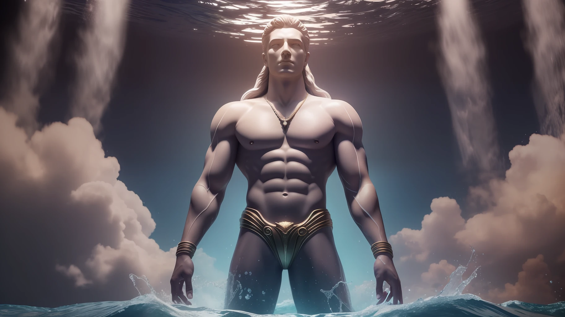 Realistic lighting, Best quality, 8K, Masterpiece: 1.3)), Focus: 1.2, a male god representing the zodiac sign cancer standing on the moon, controlling water, fully dressed in white, a swirl of water around him