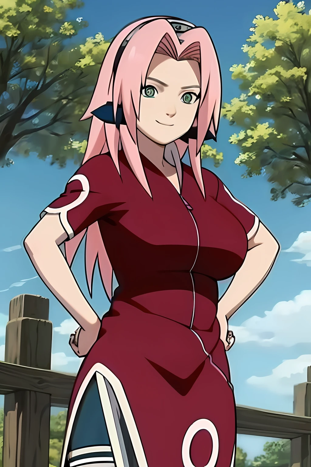 masterpiece, best quality, 1girl,haruno sakura, pink hair, long hair, green eyes, forehead protector, smile, hands on hips, blue sky, cloud, hidden village, large breasts,