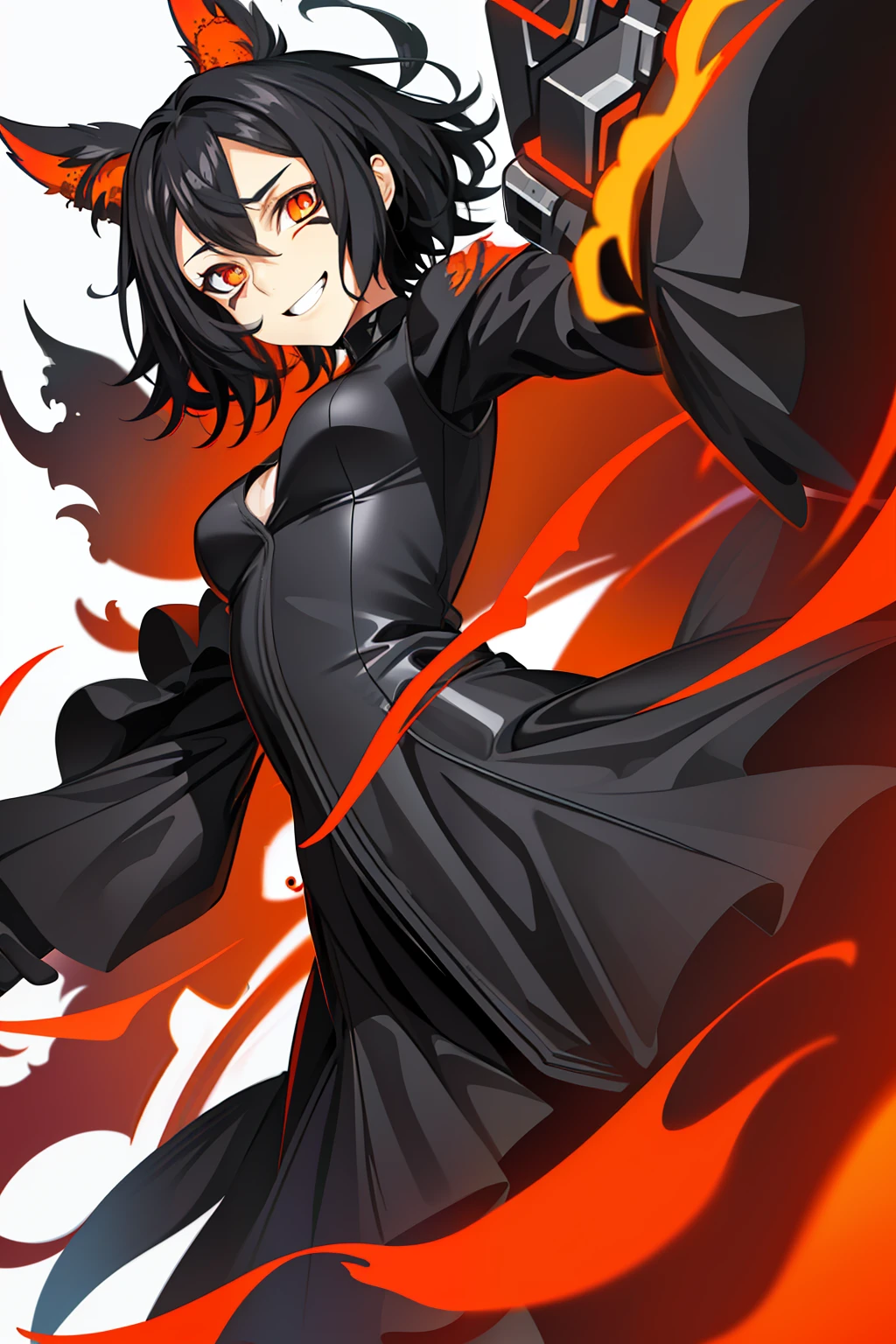 Best Quality, super detailed illustration, A  girl, (Crazy orange eyes:1.2),(wide eyes:1.2), (short disheveled black hair:1.2),(crazy smile:1.2) ,(Scars:1.2), combat pose, the perfect body