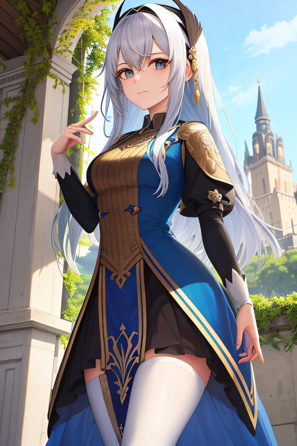 Descreva uma cena de conto de fadas onde uma jovem garota de cabelos azuis e olhos azuis, vestida com trajes medievais, is standing in front of a majestic castle. Detail the expression of curiosity on her face as she prepares to explore the secrets and mysteries of the ancestral fortress.