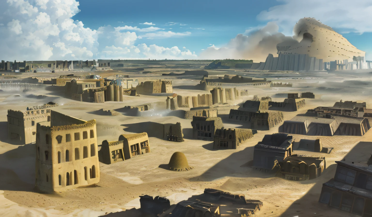 howlbgs, scenery, anime screencap, nausicaa, sea of decay, birdseye view, (rough terrain:1.6), (houses reclaimed by color fungus:1.5), (buildings buried under sand:1.7), (spores:1.6), (ash rain:1.4), (fluffy bushes:1.1), (debris:1.6), high winds, cumulonimbus clouds, cirrus clouds, thick outlines, sharp outlines, 8K, UHD, Fujifilm X3, filmgrain,