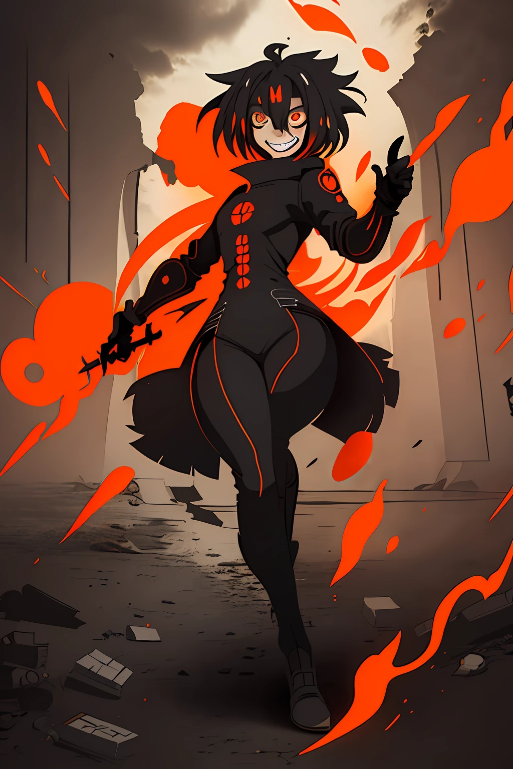 Best Quality, super detailed illustration, A  girl, (Crazy orange eyes:1.2),(wide eyes:1.2), (short disheveled black hair:1.2),(crazy smile:1.2) ,(Scars:1.2), combat pose, the perfect body