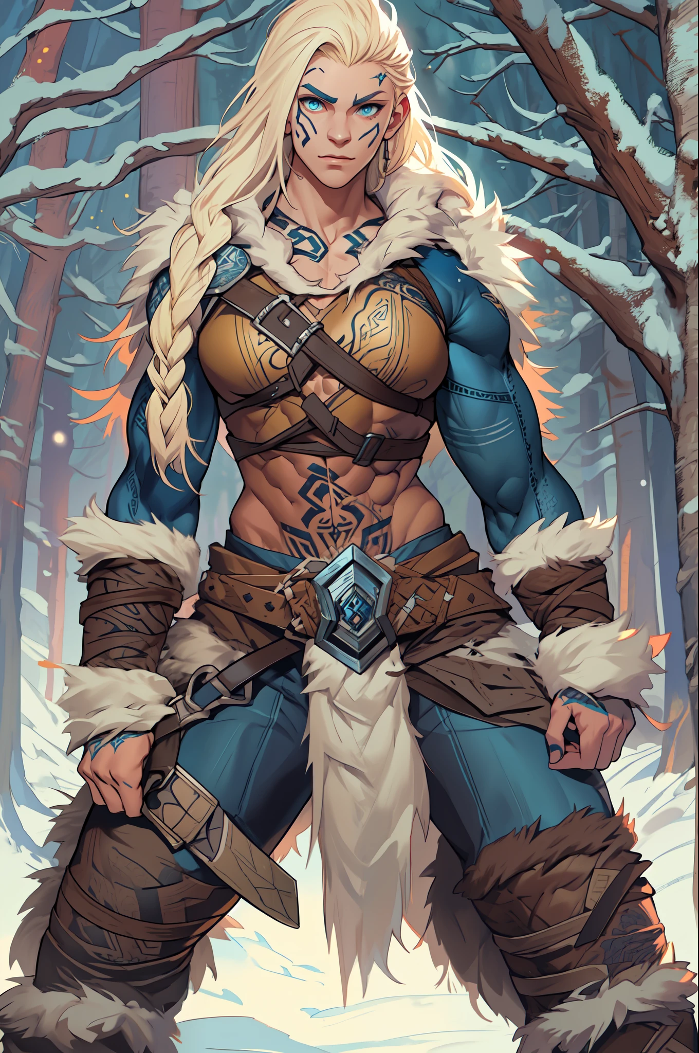 Female viking, (young:1.2), (muscular:1.2), fit, wearing brown furs and hides, (blue norse tattoos:1.2), blue eyes, platinum blonde hair. Setting is a Scandinavian forest in winter, bare arms, exposed naval, (abs:1.2). Highly detailed, norse, berserker, arm muscles, leg muscles, bulky, leather straps