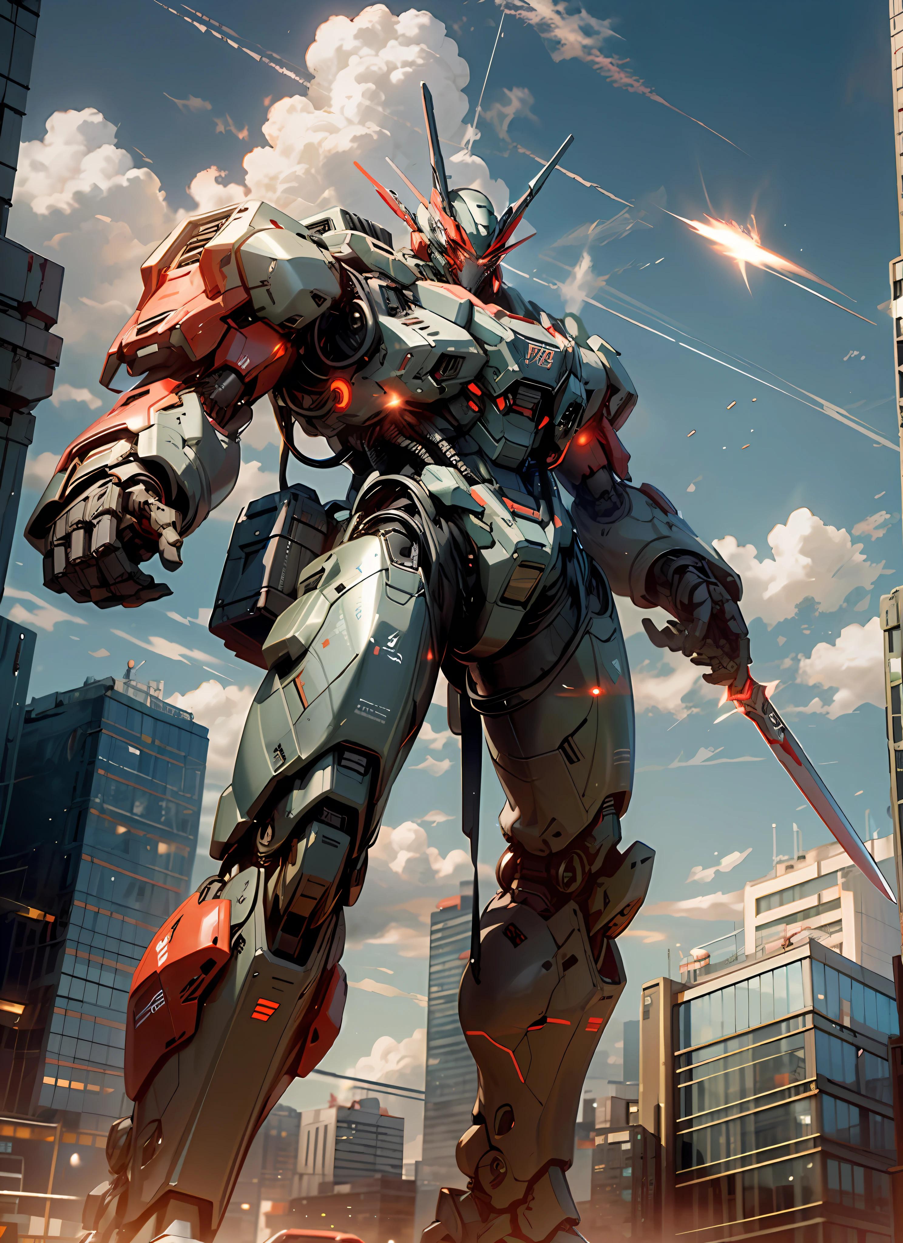 masterpiece, best quality, sky, cloud, holding_weapon, glowing, robot, building, glowing_eyes, mecha, science_fiction, city, realistic,mecha, red color, full body, looking into the distance, --s2