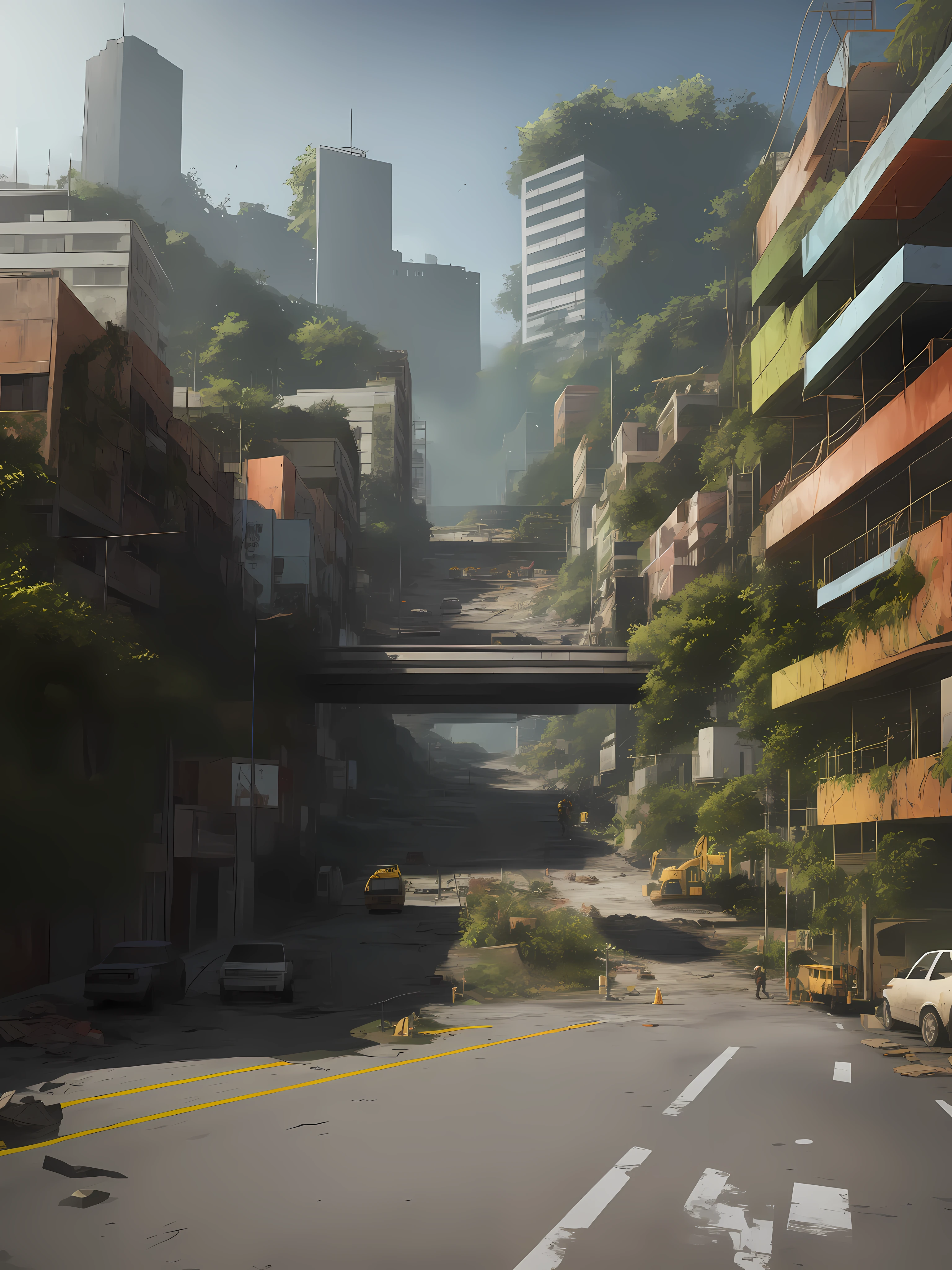 design de cidade totalmente destruida, ruas destruidas, ruas vazias, Muros altos, zona proibida, Construction taken by vegetation, Jogo de Cena: the Last of Us, illustration