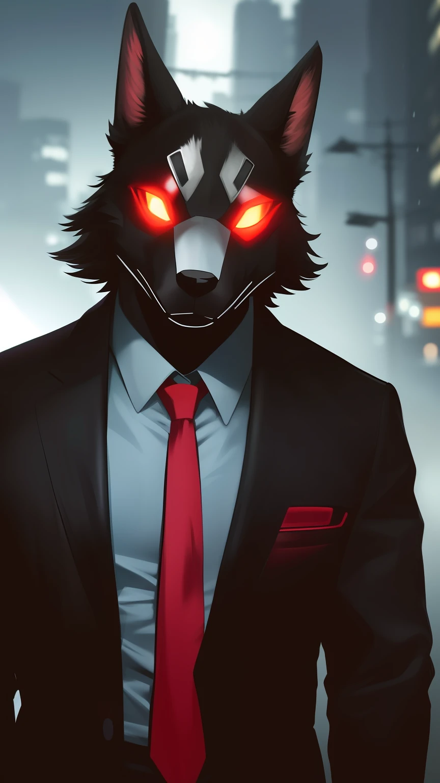 anthro, Man Black Dog, (protogen:1.1), Mechanical parts, whiskers, Very detailed portrait of a solo-1 man, Standing in the streets, during a downpour, neon and cyberpunk background, She is dressed in coat-clothes, tie, detailed glowing red eyes with distinct pupils, the sinister aura of Halo, ssmile, ciberpunk, back light, chromatic aberration, Depth of field, soft-lighting, tmasterpiece, beste-Qualit, an intricate, tone mapped, Detailed, Artstation, ConceptArt, fluent, sharp-focus, dramatic  lighting, Highly detailed works of art, Filmic, hyper-realistic painting, Trending on ArtStation, 8K,  Incredible shadows, Realistic, (high detailed background:1.0)