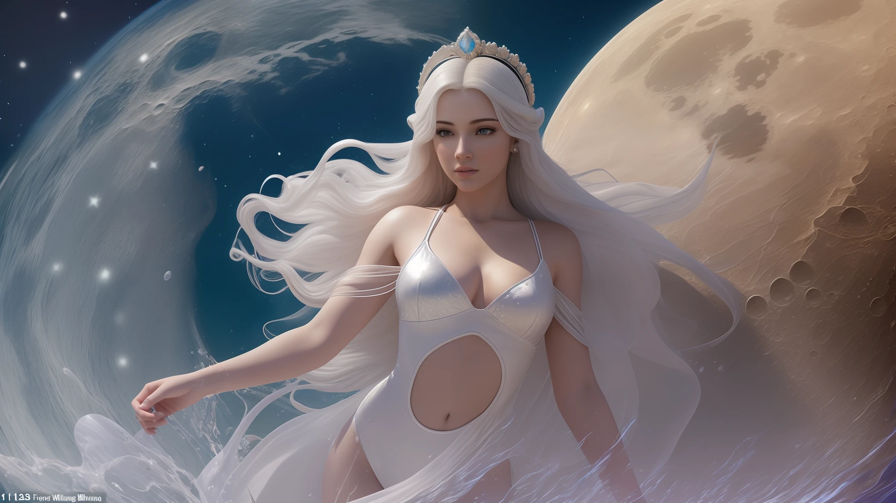 Realistic lighting, Best quality, 8K, Masterpiece: 1.3)), Focus: 1.2, a female goddess representing the zodiac sign cancer standing on the moon, controlling water, fully dressed in white, a swirl of water around her