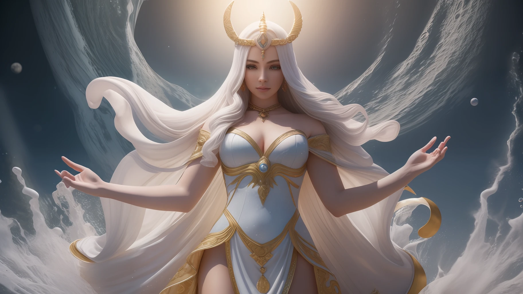 Realistic lighting, Best quality, 8K, Masterpiece: 1.3)), Focus: 1.2, a female goddess representing the zodiac sign cancer standing on the moon, controlling water, fully dressed in white, a swirl of water around her