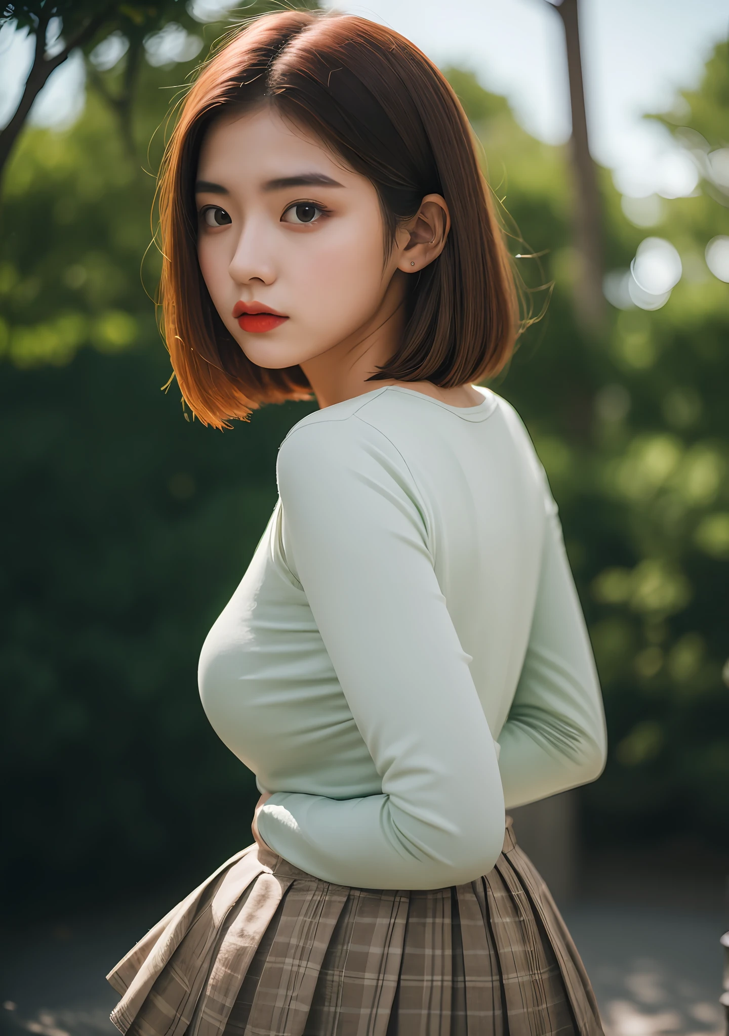 Cute High School Girl,Green long-sleeved top, Black pleated skirt, Perfect face, korean lady, 18 years old, Red hair, pixie hair, (Bigboobs), Tall, back lit lighting, (Photorealistic), (Masterpiece),(Hyper Real)(8K),contest winning masterpiece, taken with sony alpha 9, Shot on Sony A 7 III, Shot on Canon EOS R 6, shot on canon eos r 5, Shot on a Canon EOS R5, Masterpiece works of art,