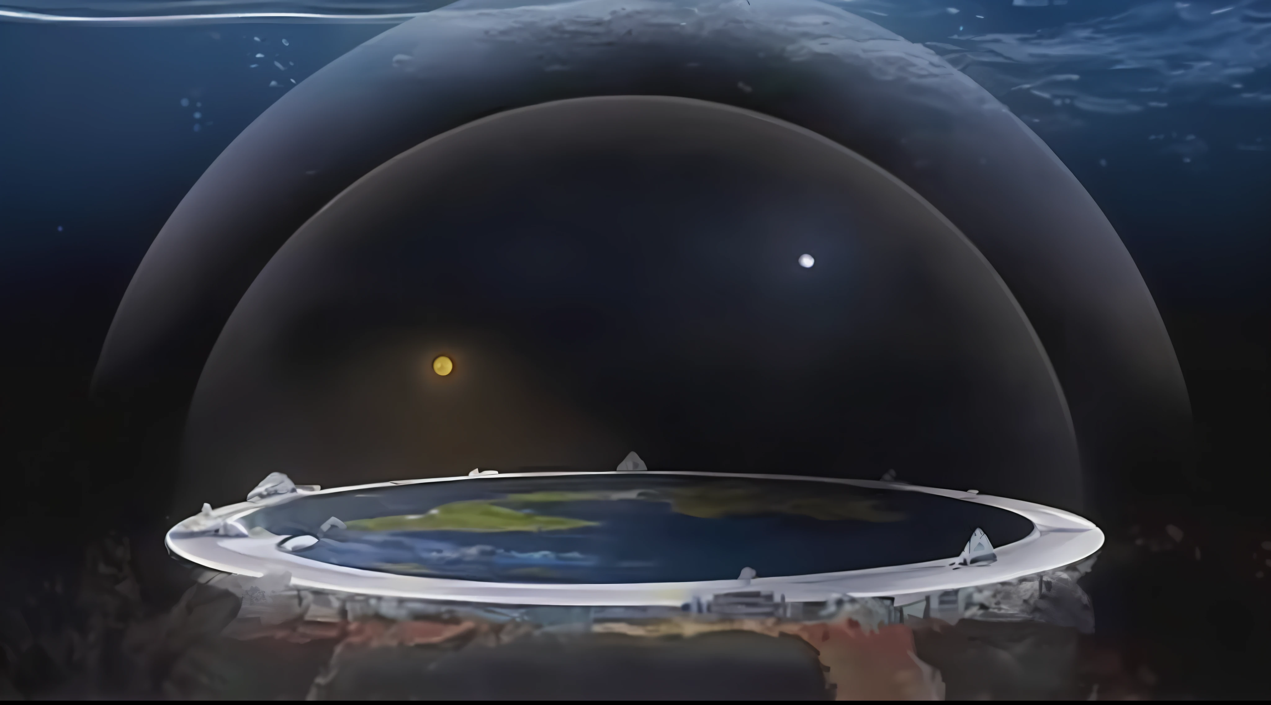 A photo taken from a computer screen shows a view of a planet with a moon in the sky, teoria da terra plana, terra plana, terra oca, World of Rings, hollow earth infographic, Directed by: Robert McCall, circular planet behind it, depicted as a scifi scene, esfera de dyson, dyson sphere in space, Roberto T. Mccall, Scientific representation, maior que a Terra, terraformation --auto