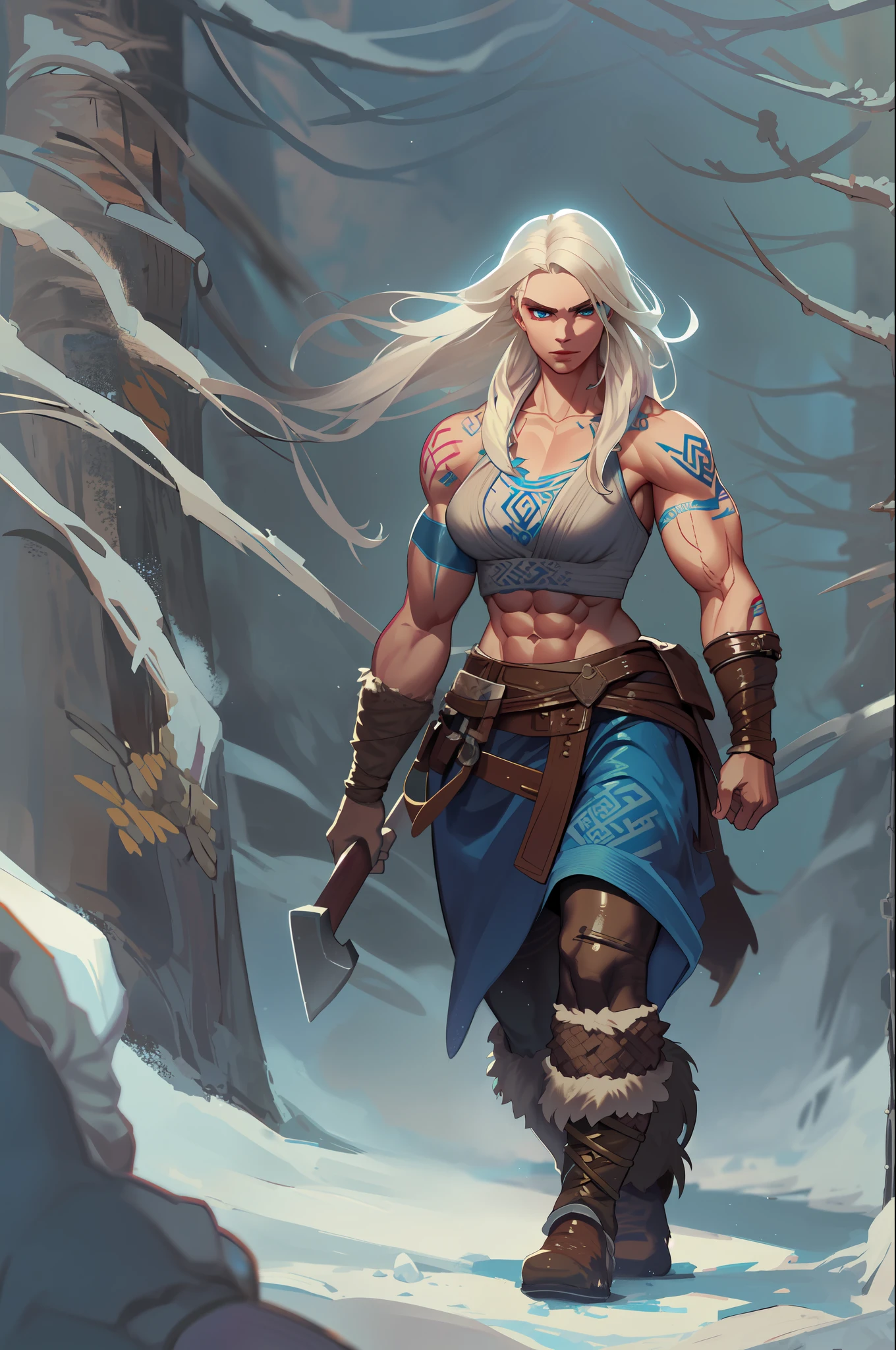 Female viking, (young:1.2), (muscular:1.2), fit, wearing brown furs and hides, (blue norse tattoos:1.2), blue eyes, platinum blonde hair. Setting is a Scandinavian forest in winter, bare arms, exposed naval, (abs:1.2). Highly detailed, norse, berserker, arm muscles, leg muscles, bulky, leather straps