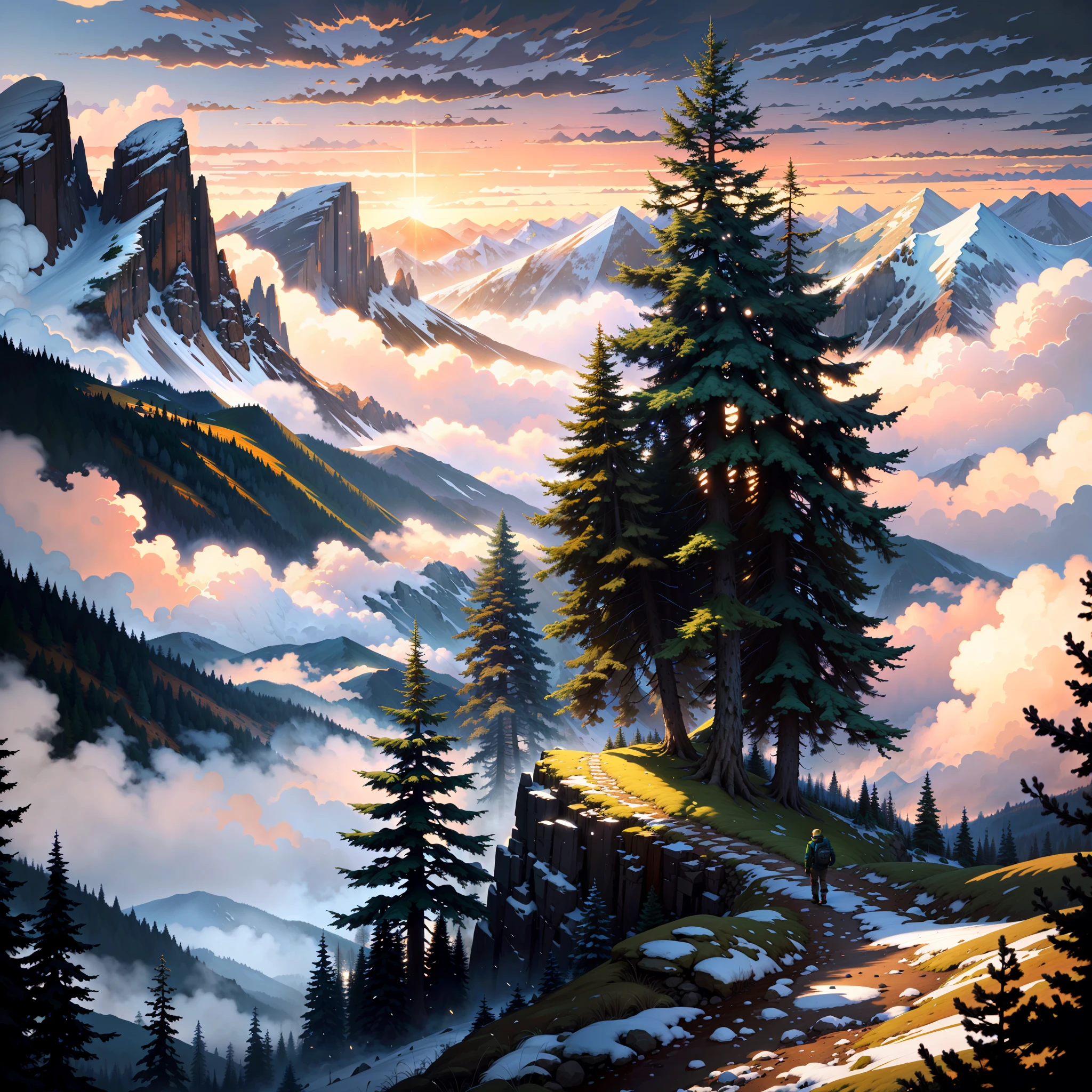 painting of a mountain scene with a lone person on a path, detailed painting 4 k, scenery artwork, detailed scenery —width 672, dan mumford and thomas kinkade, kilian eng and thomas kinkade, beautiful pine tree landscape, 4k highly detailed digital art, dream scenery art, by Franz Hegi, inspired by Michael Komarck