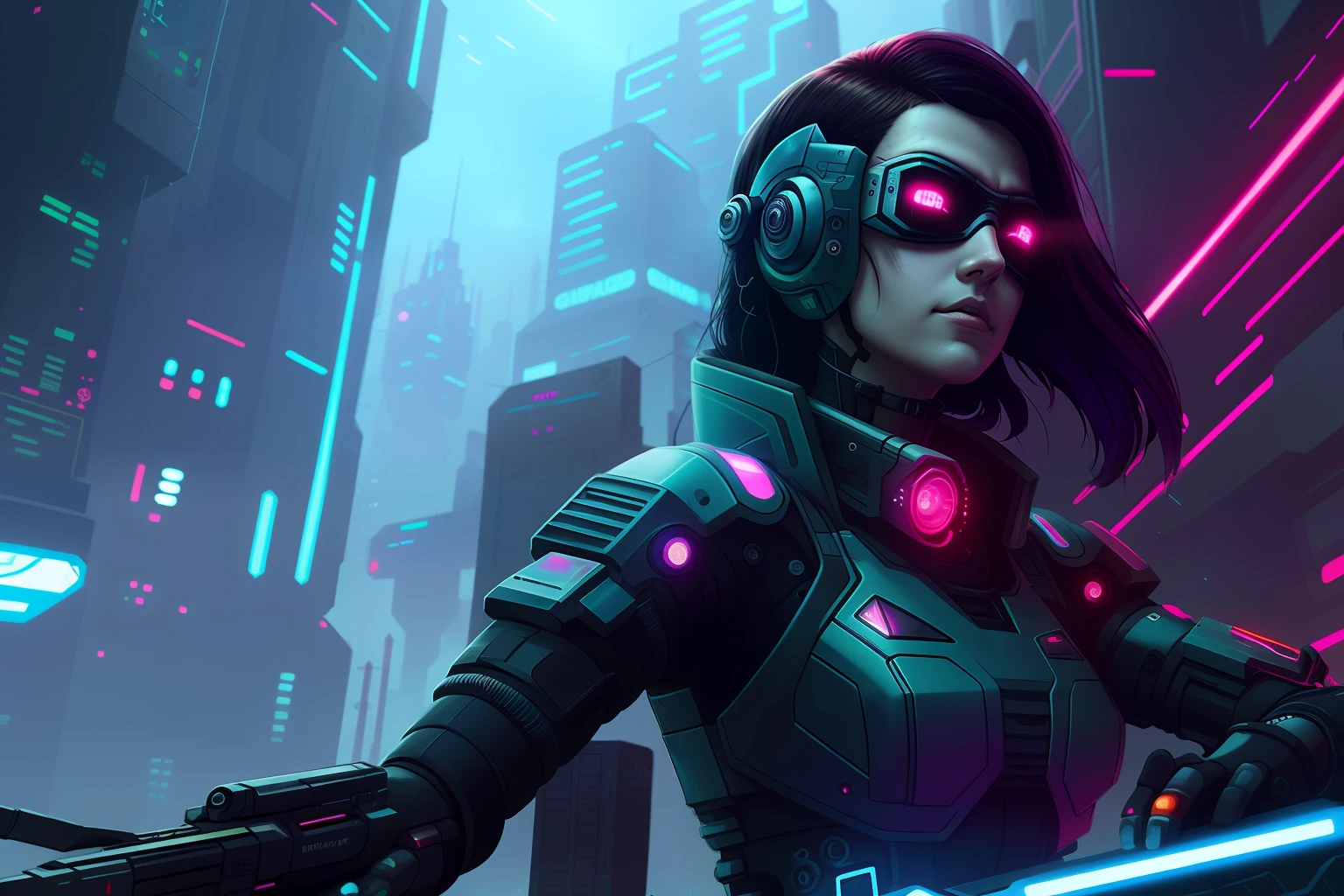 Cybernetic woman in futuristic costume holding a gun in a futuristic city, advanced digital cyberpunk art, cyberpunk menina bonita, estilo de arte cyberpunk, mulher cyberpunk, arte digital cyberpunk, mulheres cyberpunk, cyberpunk feminino, cyberpunk futurista neo, cyberpunk themed art, cyberpunk futurista, cyberpunk futurista, Garota cyberpunk, menina cyberpunk sonhadora, arte cyberpunk de alta qualidade, menina de anime cyberpunk feminino --auto