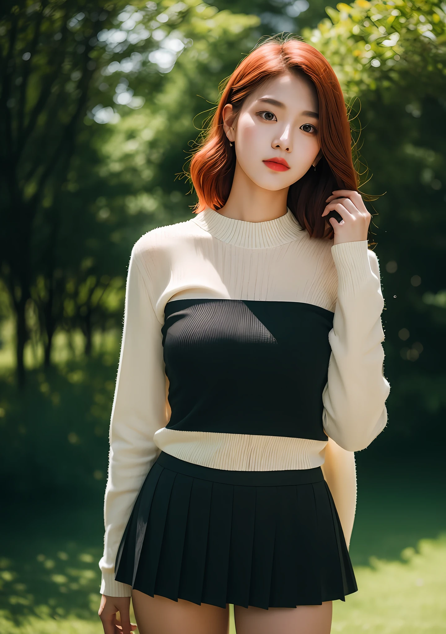 lovely high school girl,green long sleeve blouse, black pleated skirt, perfect face, korean lady, 18 years old, red hair, pixie hair, (big boobs), tall, athletic body, park, stripper, backlighting, (photorealistic), (masterpiece),(ultra real)(8k),contest winning masterpiece, taken with sony alpha 9, Shot on Sony A 7 III, captured on canon eos r 6, shot on canon eos r 5, Shot on a Canon EOS R5, masterpiece work of art,