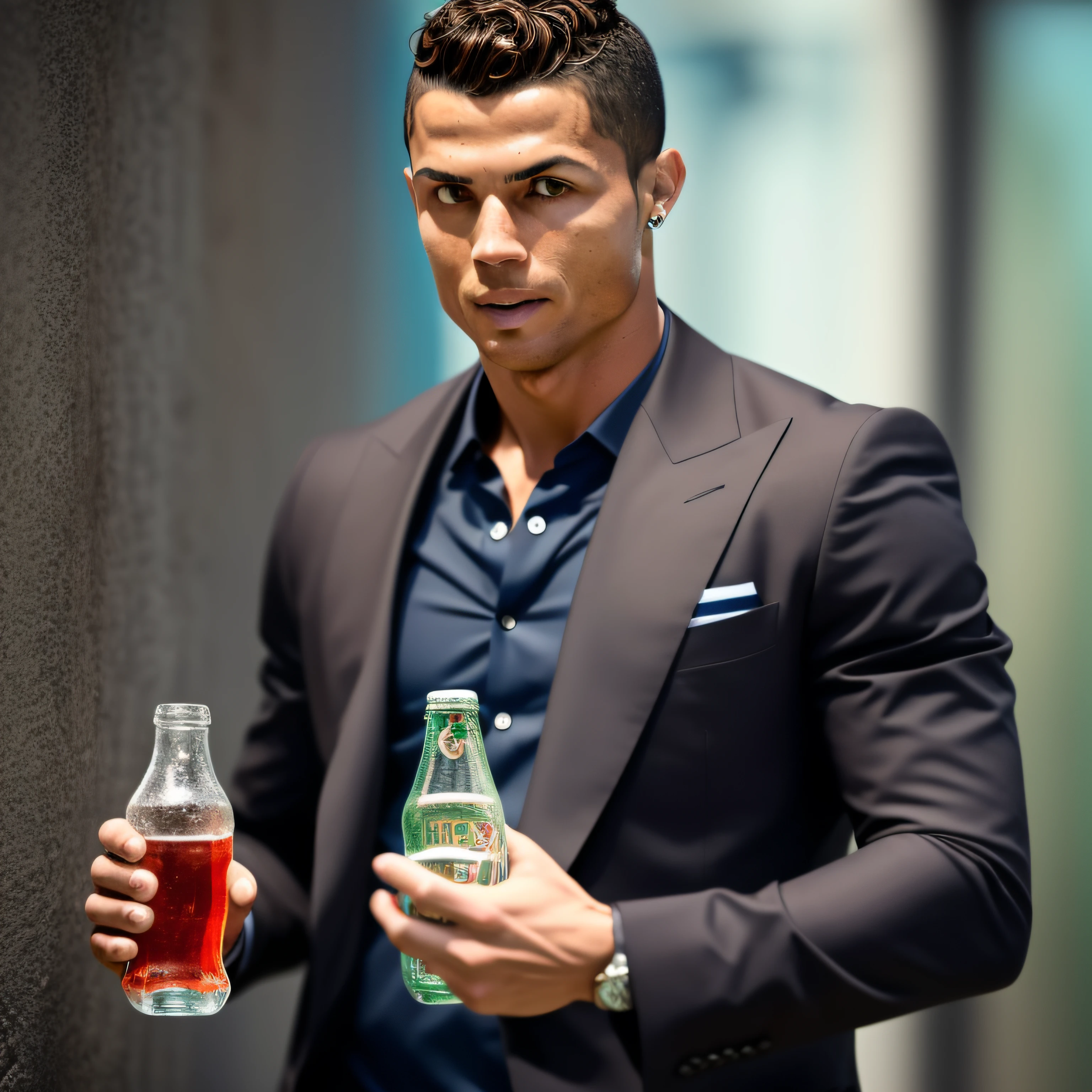 Uma fotografia profissional do Cristiano Ronaldo sentado em uma poltrona de couro marrom escuro, usando um elegante terno preto bem ajustado, holding a bottle of Coca-Cola in his right hand and a bottle of mineral water in his left hand. He stares at the camera, with a determined, confident expression on his face. The focus is on Ronaldo's face, destacando seus olhos penetrantes, his carved features and his meticulously trimmed beard. The surrounding environment is minimalist, with white walls and soft lighting that emphasizes details. Fotografia, lente prime 50mm, --ar 16:9 --v 5