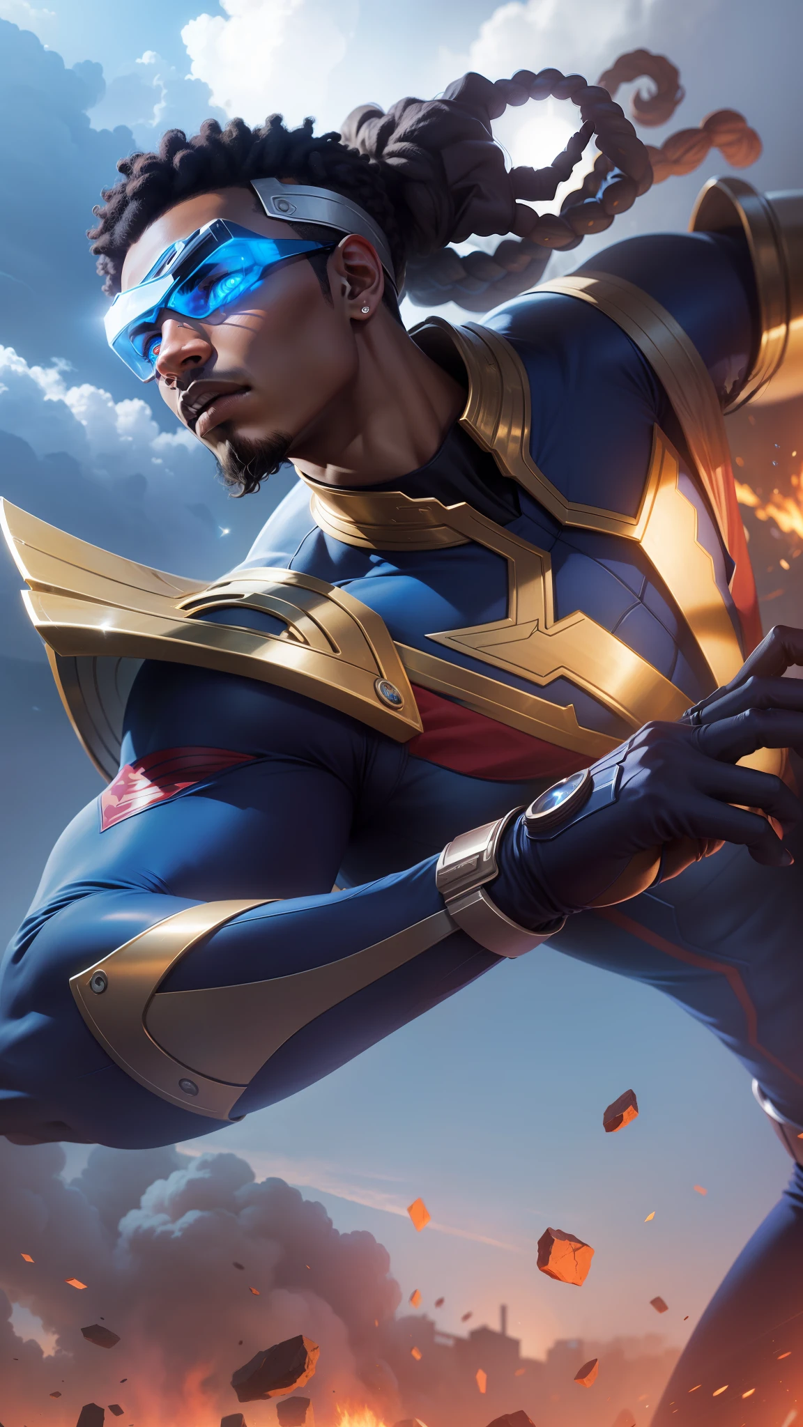 Young African guy with blue superhero suit, wearing futuristic blue eyeglass, dreadlocks,8k wallpaper, high resolution, realistic