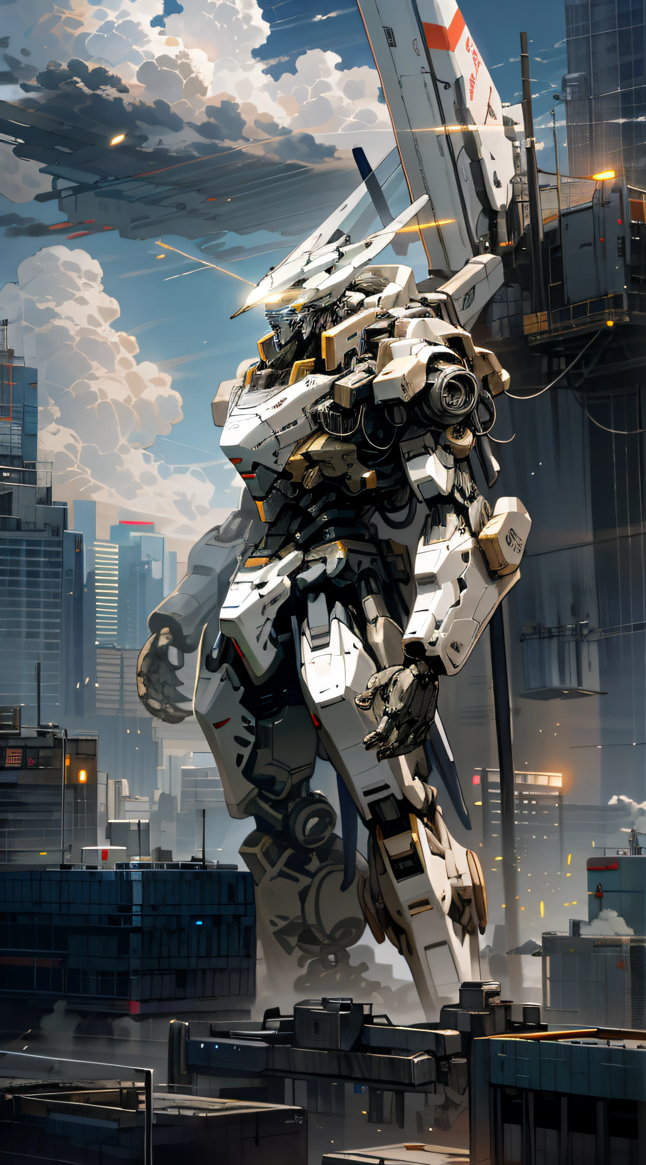 sky, cloud, holding_weapon, no_humans, glowing, , robot, building, glowing_eyes, mecha, science_fiction, city, realistic,mecha