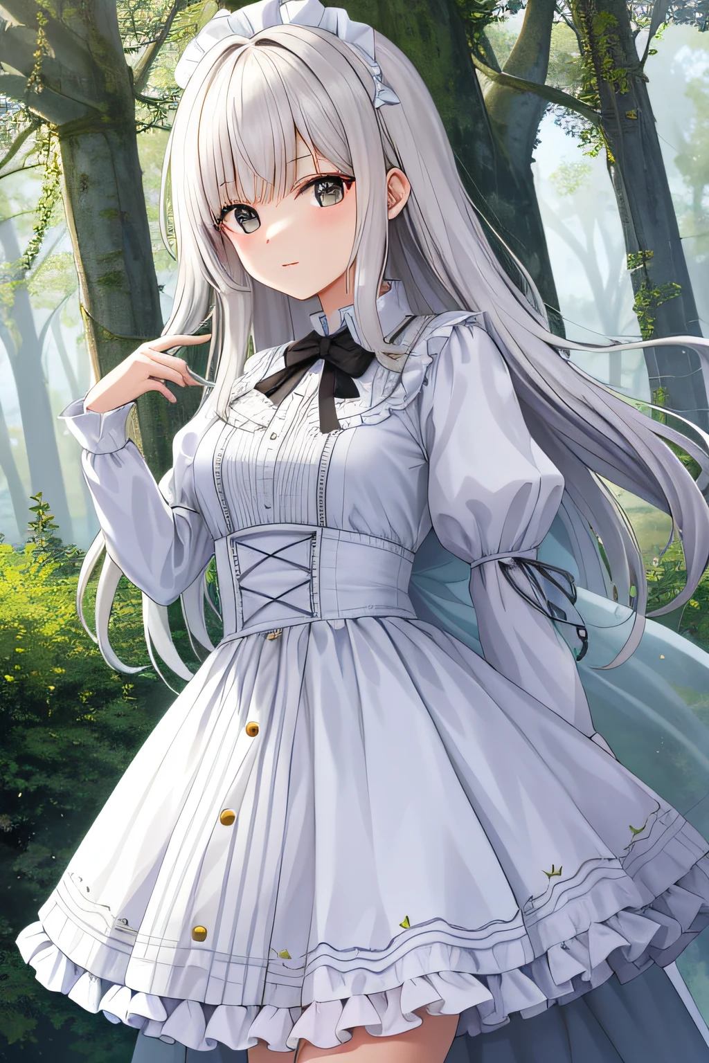 Imagine uma pintura encantadora retratando uma garota adolescente com longos cabelos azuis e olhos azuis, vestida com trajes medievais cheios de detalhes. No fundo, um imponente castelo emerge, shrouded in mist. Escreva um poema descrevendo sua postura determinada enquanto ela se aproxima do castelo, pronta para enfrentar desafios e desvendar segredos antigos