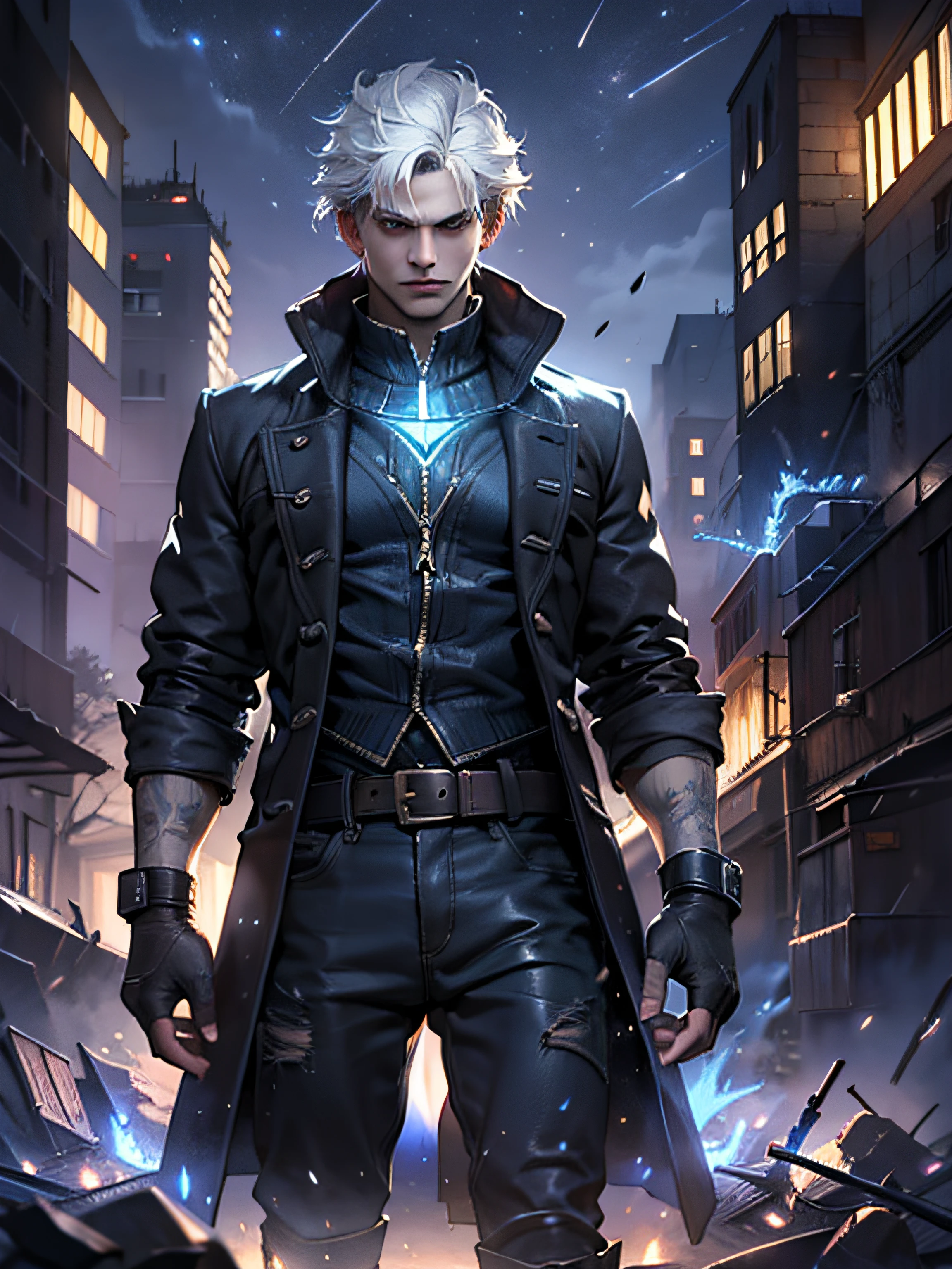 (masterpiece, best quality:1.2), 1boy, dante, white hair, open clothes, coat, fingerless gloves, belt, city, detailed eyes, destroyed buildings, destruction, (night:1.4), natural lighting, cinematic, epic, Battle pose, surrounded by blue fire, wallpaper 4k, highest quality digital art, Stunning art,8k,64k, HD, unparalleled masterpiece, dynamic lighting, cinematic, epic