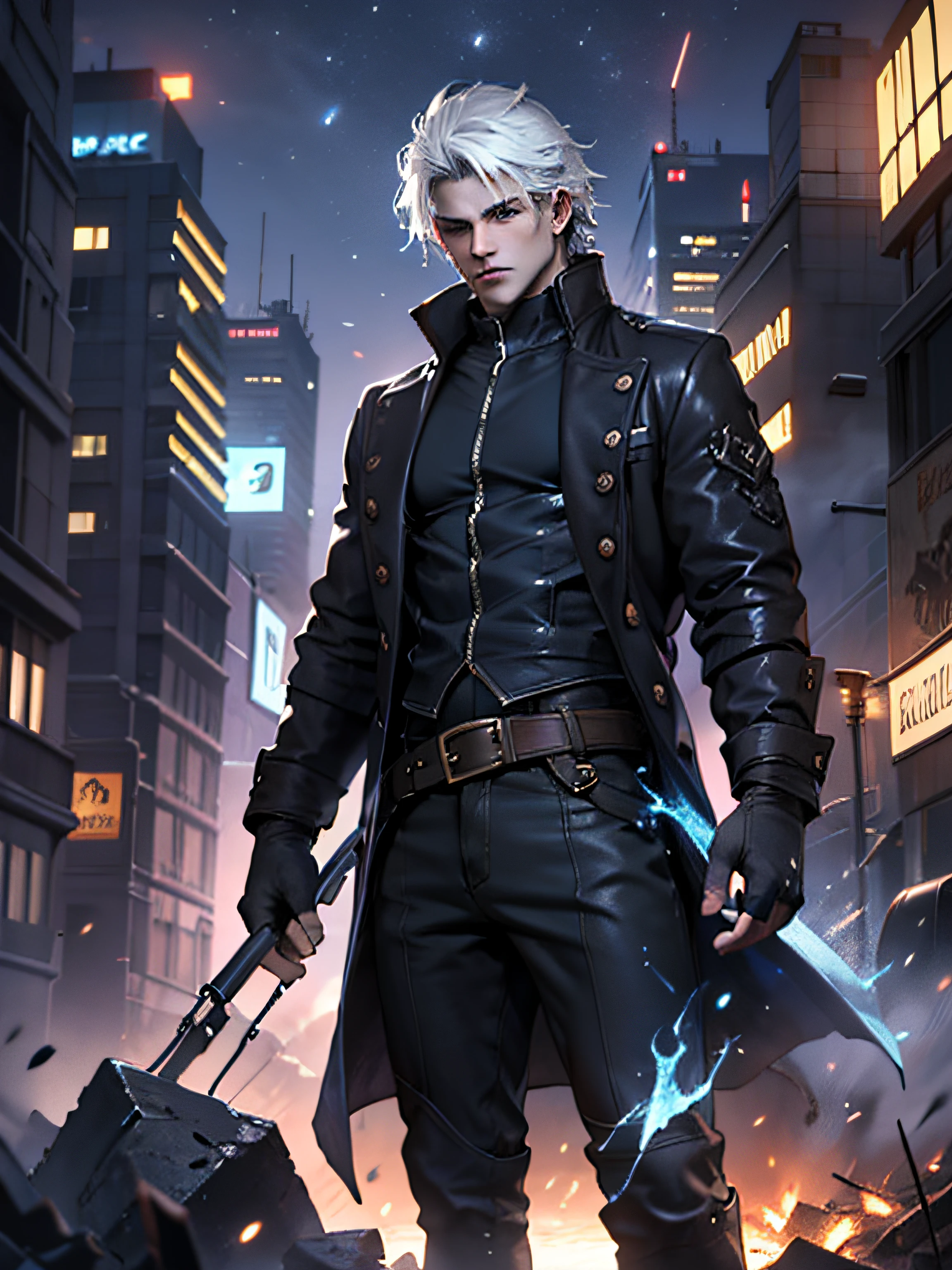 (masterpiece, best quality:1.2), 1boy, dante, white hair, open clothes, coat, fingerless gloves, belt, city, detailed eyes, destroyed buildings, destruction, (night:1.4), natural lighting, cinematic, epic, Battle pose, surrounded by blue fire, wallpaper 4k, highest quality digital art, Stunning art,8k,64k, HD, unparalleled masterpiece, dynamic lighting, cinematic, epic