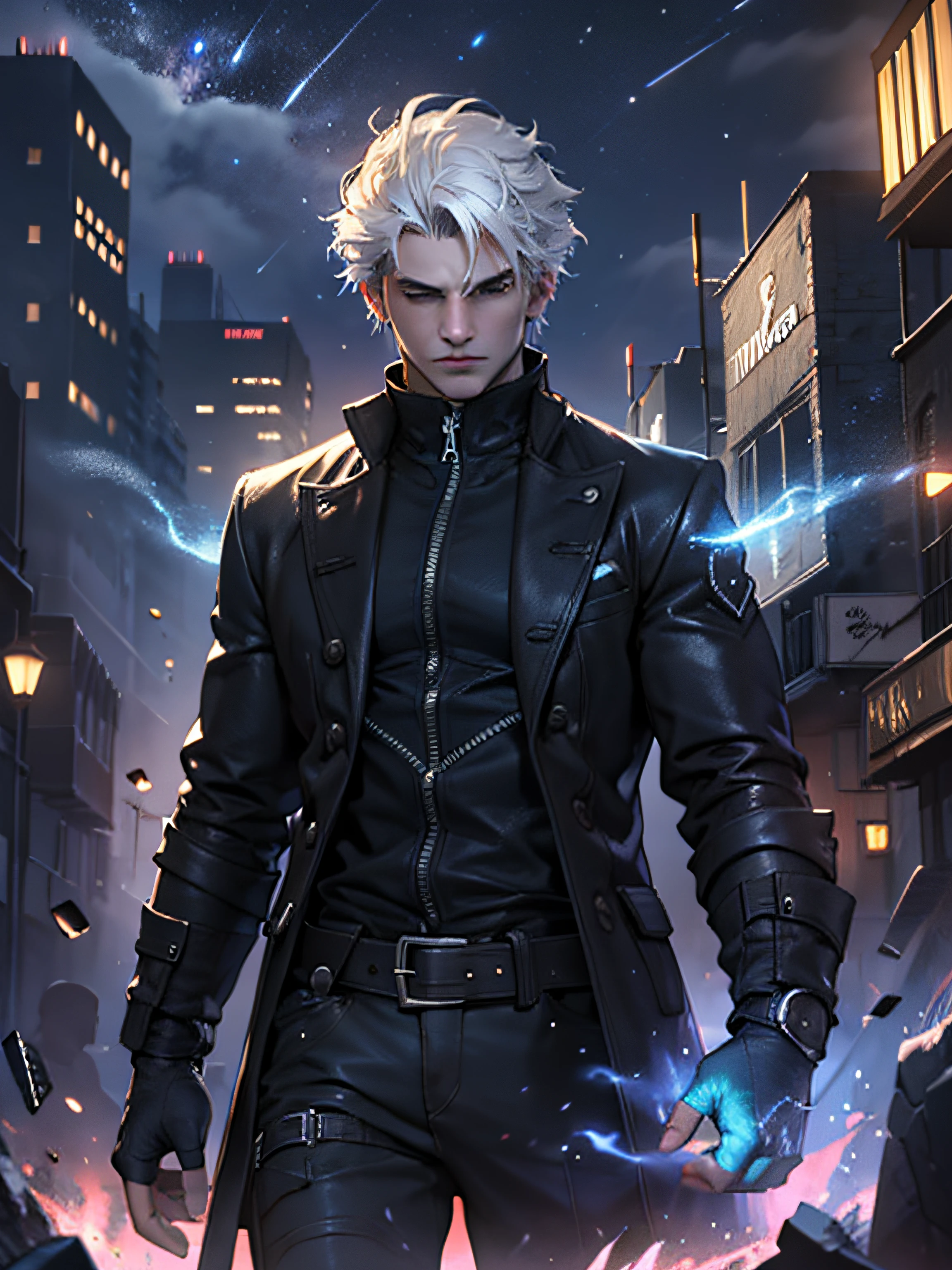 (masterpiece, best quality:1.2), 1boy, dante, white hair, open clothes, coat, fingerless gloves, belt, city, detailed eyes, destroyed buildings, destruction, (night:1.4), natural lighting, cinematic, epic, Battle pose, surrounded by blue fire, wallpaper 4k, highest quality digital art, Stunning art,8k,64k, HD, unparalleled masterpiece, dynamic lighting, cinematic, epic