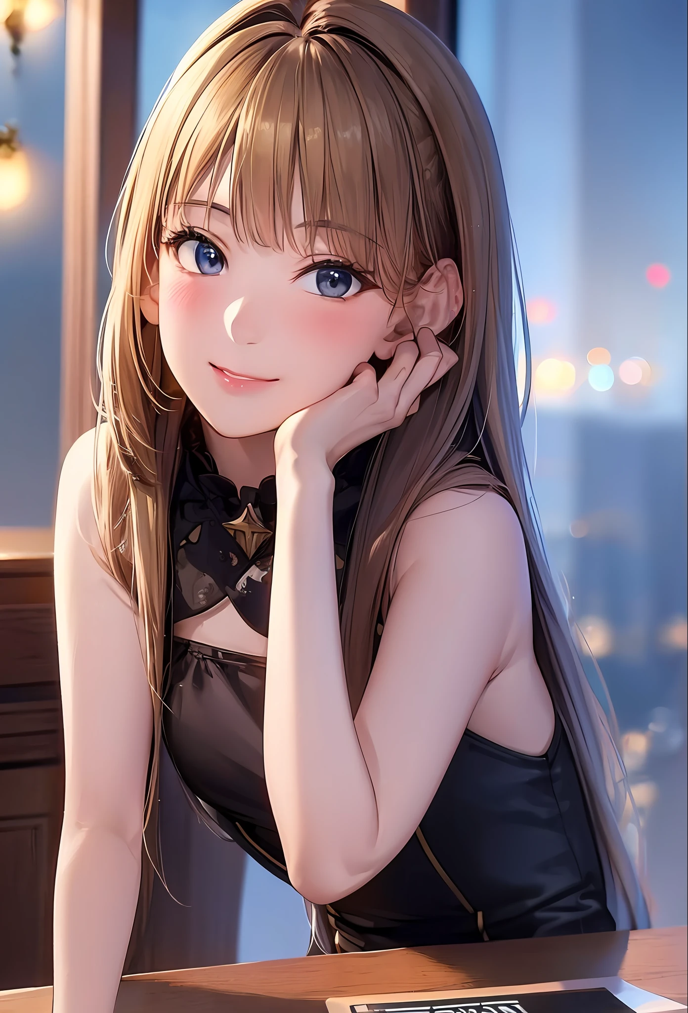 (8k, top quality, masterpiece: 1.2), (realistic, photorealistic: 1.37), super detailed, girl single, cute, solo, midnight, beautiful detailed sky, detailed café, sitting, date, (blush), (smile: 1.15), small breasts (mouth closed), beautiful fine eyes, floating hair NovaFrogStyle, back open dress