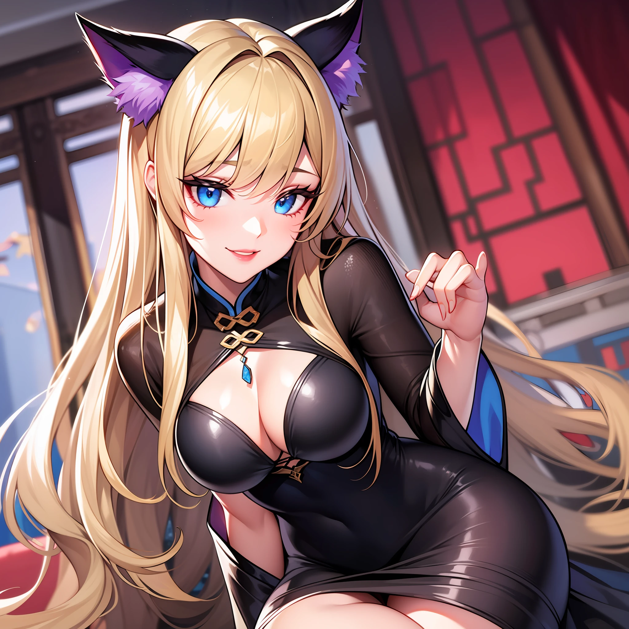 Girl, cat ears and tail, long hair with blonde strands, violet-blue eyes, black open Chinese dress, expensive jewelry, sly smile, light lipstick