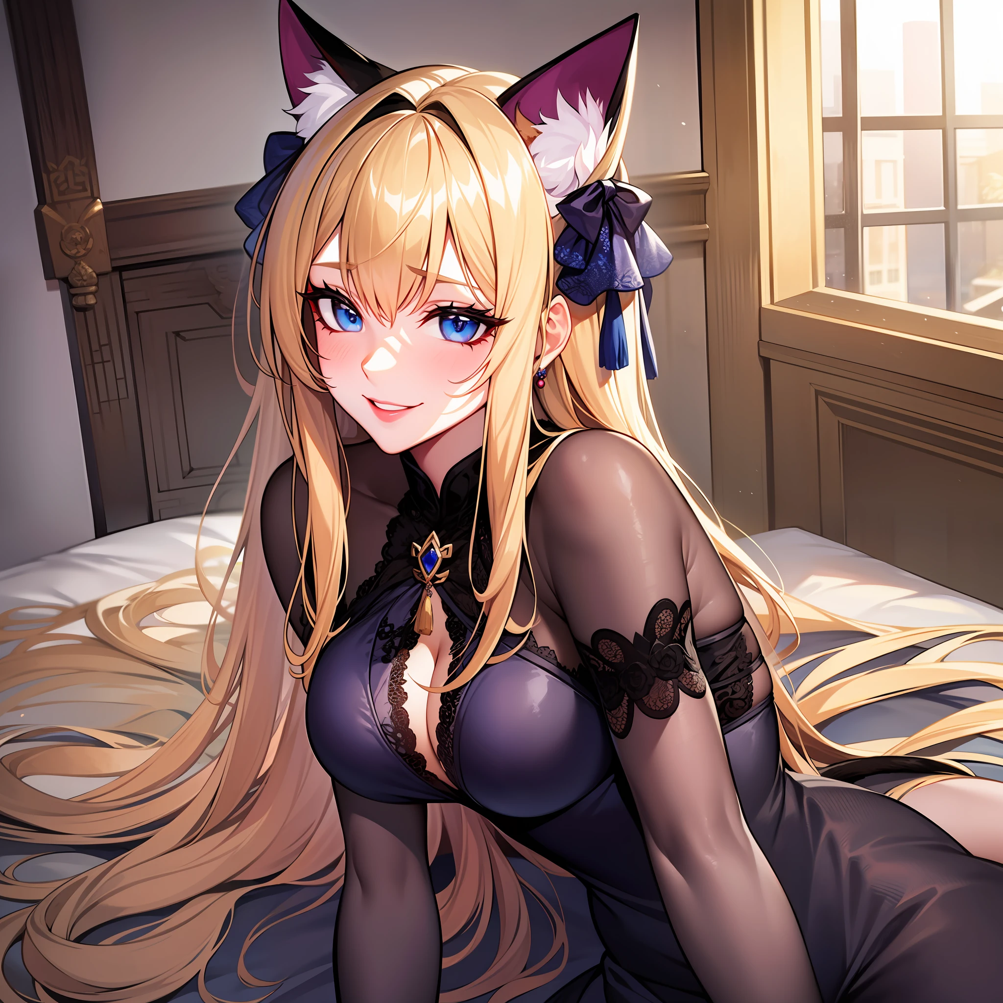 Girl, cat ears and tail, long hair with blonde strands, violet-blue eyes, black open Chinese dress, expensive jewelry, sly smile, light lipstick