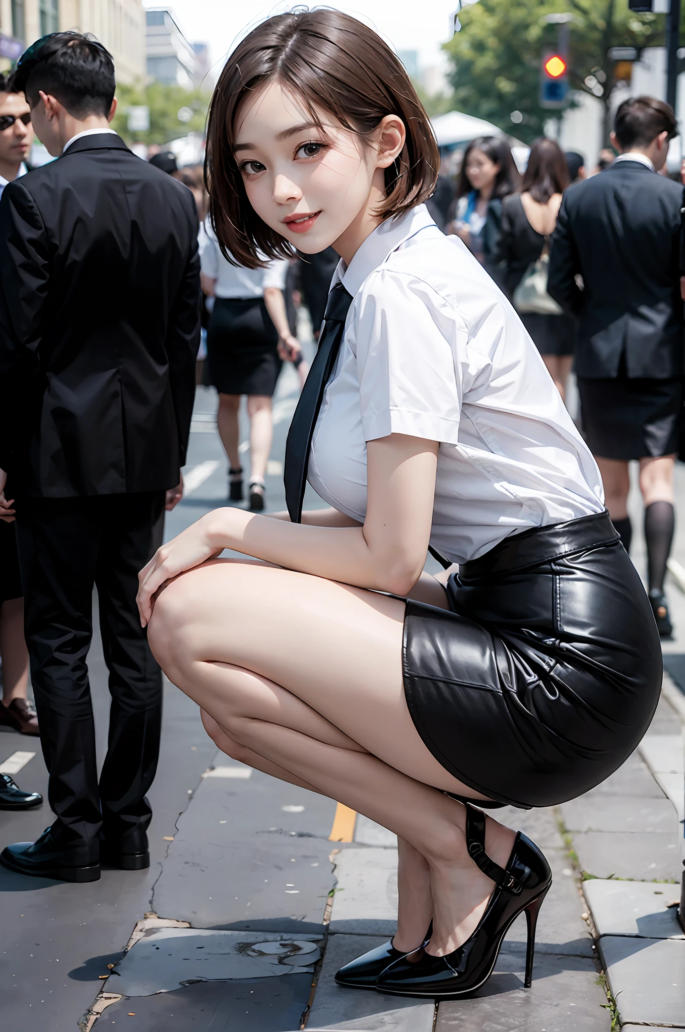 masterpiece, best quality,1girl,young girl,brown eyes,short hair,happy smile,shiny skin,(nice leg line:1.3),thin waist,huge breasts
BREAK
school uniform,necktie,((pencil skirt)),high heels
BREAK
park,crowd,depth of field,looking at viewer,squatting,from behind,upper body,legsupsexms