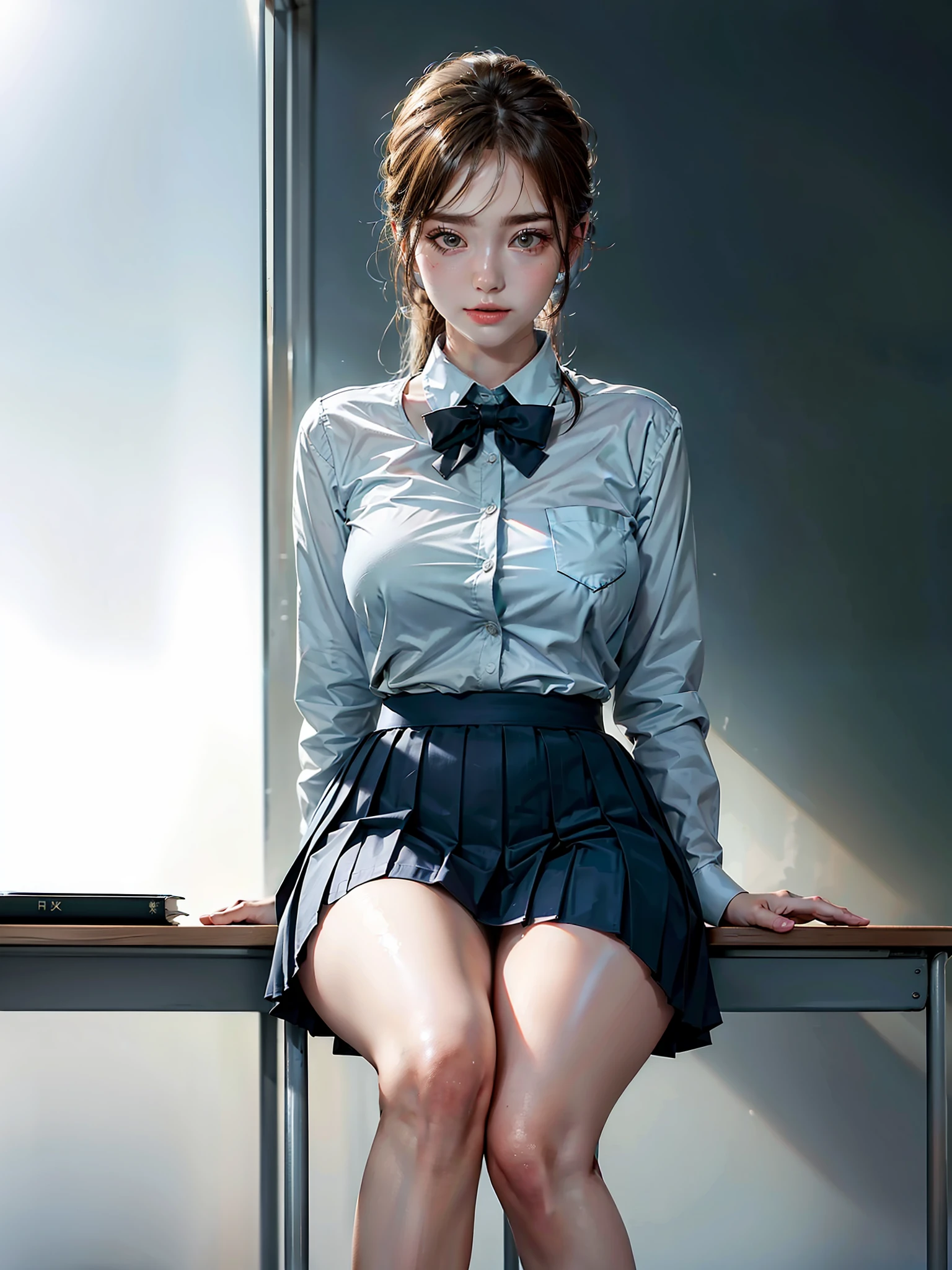 school uniform, skirt, (high thighs), (((head off the board))), (sitting in the chair), (((classroom)), (((under the table view)))), crossed legs, masterpiece, best quality, extremely detailed, scenery