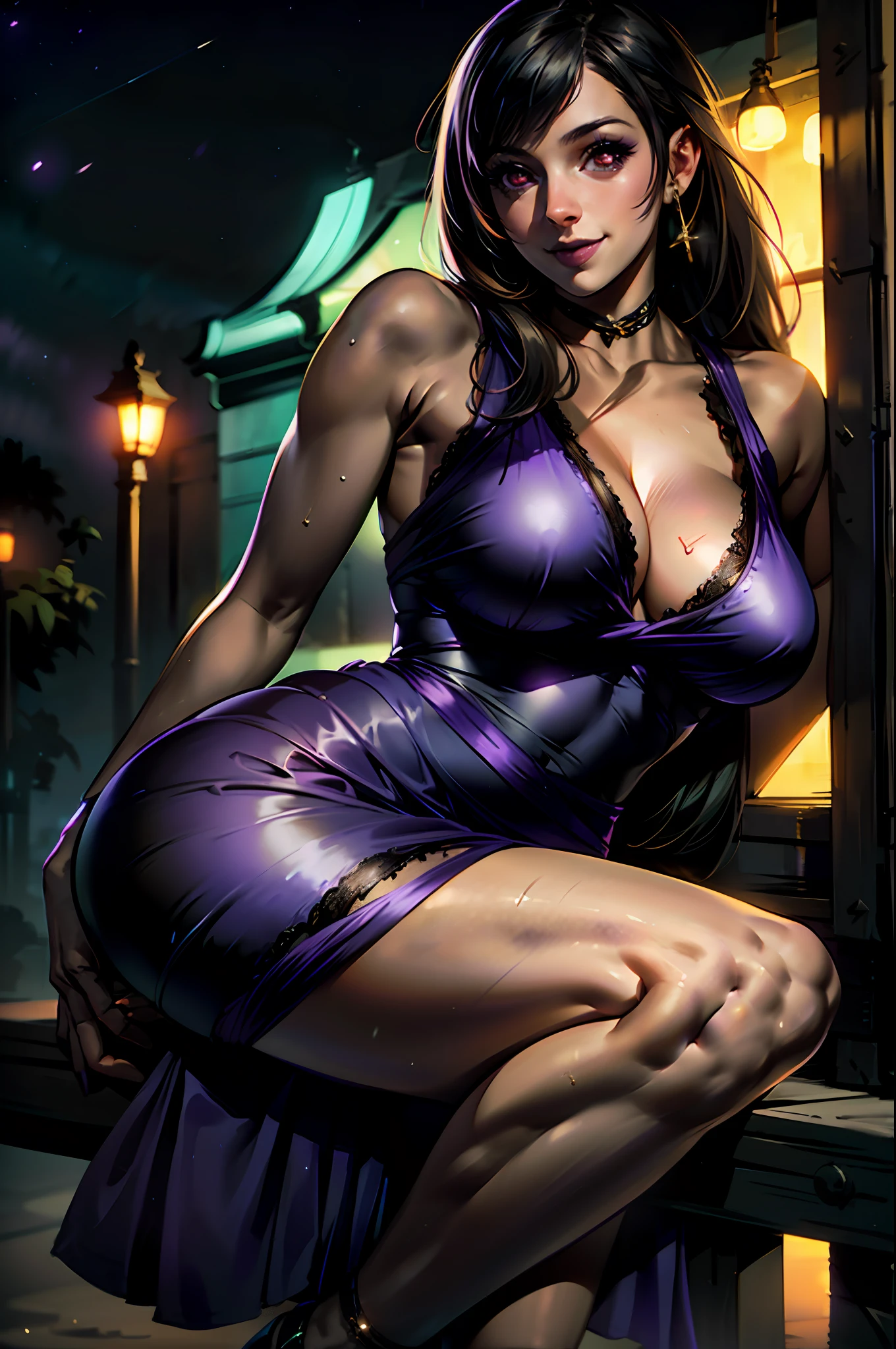 (8k, best quality, masterpiece:1.2), (realistic, photo-realistic:1.37), ultra-detailed, 1 girl,cute, solo, (tifa lockhart), (huge breasts:1.5),(beautiful detailed eyes), (smile:1.2), (closed mouth), erotic pose, dancing, in an industrial complex, depth of field, dark intense shadows, sharp focus, depth of field, good composition, green glowing light, Final Fantasy VII, (purple dress:1.3), (black choker with bow) full body, head rest, lips, pretty face, very long straight hair, hair bang, ((red_eyes)), (night:1.3), intricate, bokeh, cinematic lighting, photon mapping, radiosity, physically-based rendering, (Tetsuya Nomura style), nsfw, perfect breasts