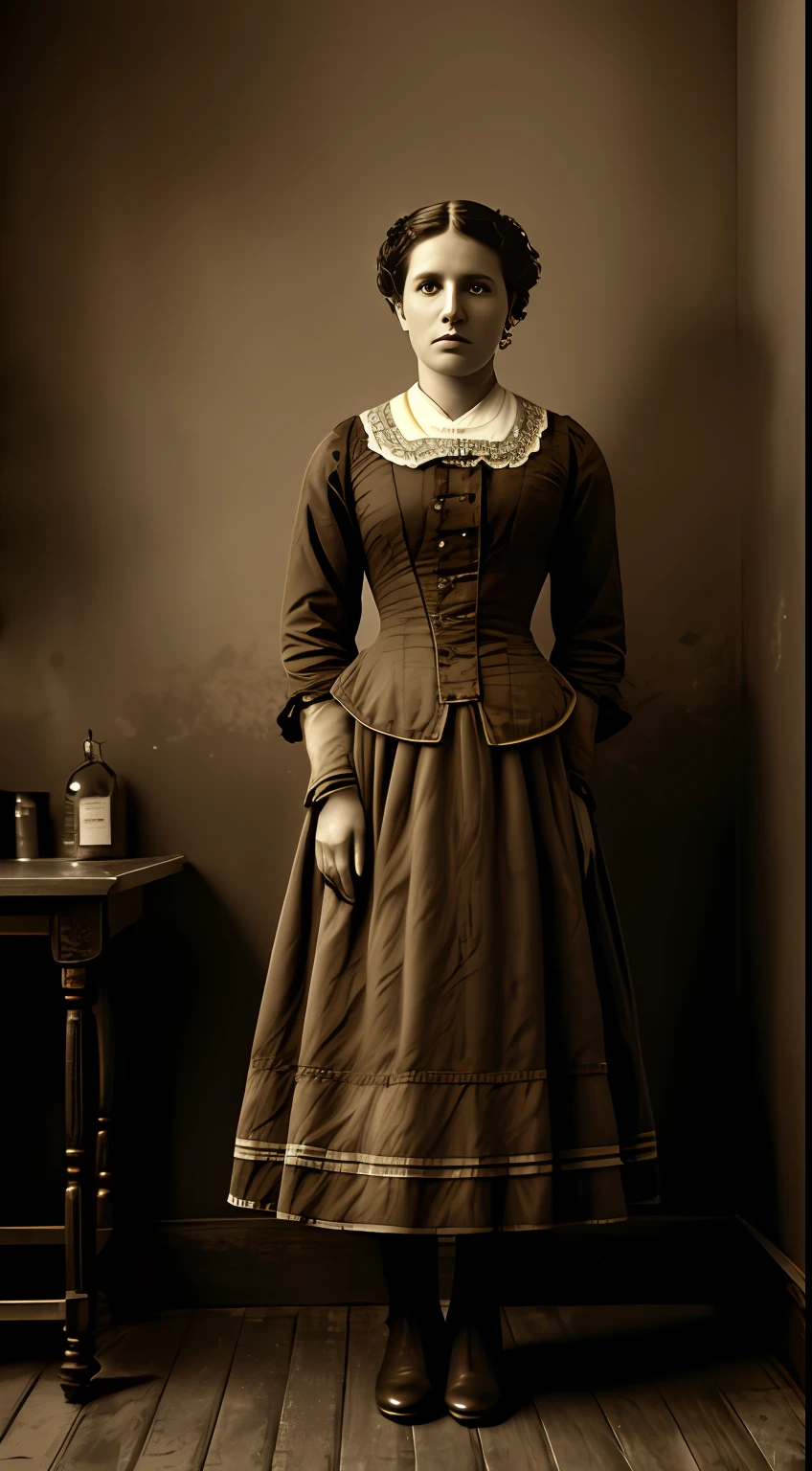 {A distressed woman from the 19th century standing in a Victorian-era treatment room}, vintage photograph, no specific art style, no artist inspirations, 70mm lens, long shot, indoor environment showing the entire treatment room, soft ambient light fills the room, Render includes (sepia:1.5) for a vintage look, (detailed:1.2) to show intricate details of the environment and clothing, and (UHD:1.25) for ultra high definition.