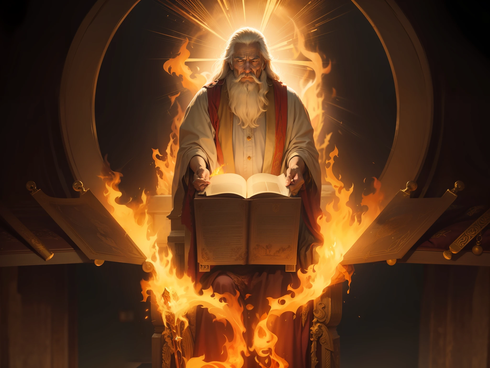 Image of an elderly king with a burning Bible in his hands, holy flame spell, holy fire spell art, gold gates of heaven!!!!!!!!, O Deus Imperador da Humanidade, sentou-se em seu trono. imagem de alta qualidade, extremely high-resolution, obra prima