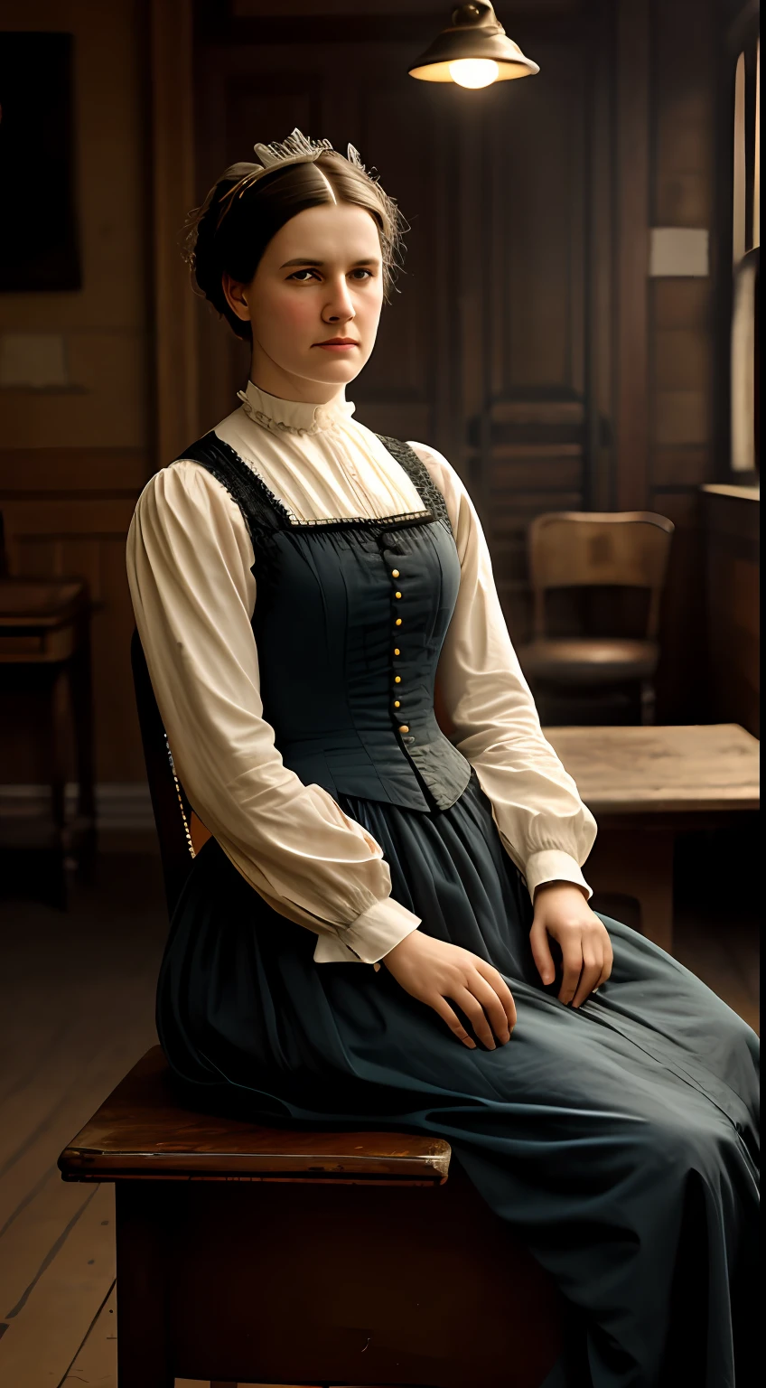 "{A distressed woman from the 19th century, wearing a Victorian-era dress, seated on an antique medical examination table in a state of hysteria}, Vintage photograph, Realism, Inspiration from archival photos from the 19th century, Camera: 70mm, Shot: Medium, Render: High resolution (4K), Soft sepia lighting, Detailed antique medical equipment scattered around