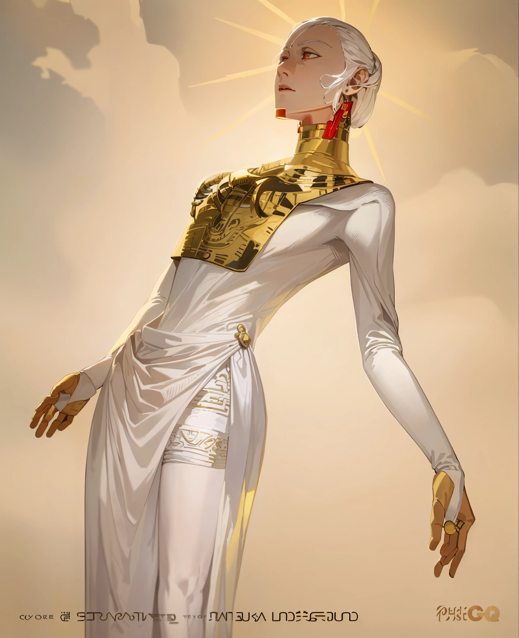 Masterpiece, Best Quality, Film Stills, Realistic, (Masterpiece, Top Quality, Best Quality, Official Art,), Very Detailed, Most Detailed, (1boy:1.3), Deity, White Hair, (Glowing Red Eyes), Mysterious, Handsome Man, ((Egyptian Style)), Gold Ornaments, Bandages, Pharaoh, White Robe, Gold Scat in Hand, Pectoral Muscles, Loincloth
