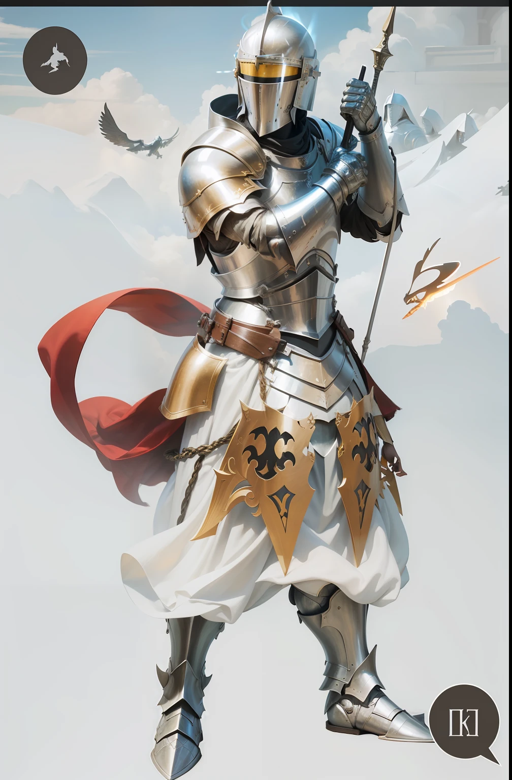 An epic scene depicting a valiant knight adorned in full-body armor, basking in the divine light of a halo, as a heavenly choir of angels dances in the background, casting an ethereal glow upon the knight. --auto