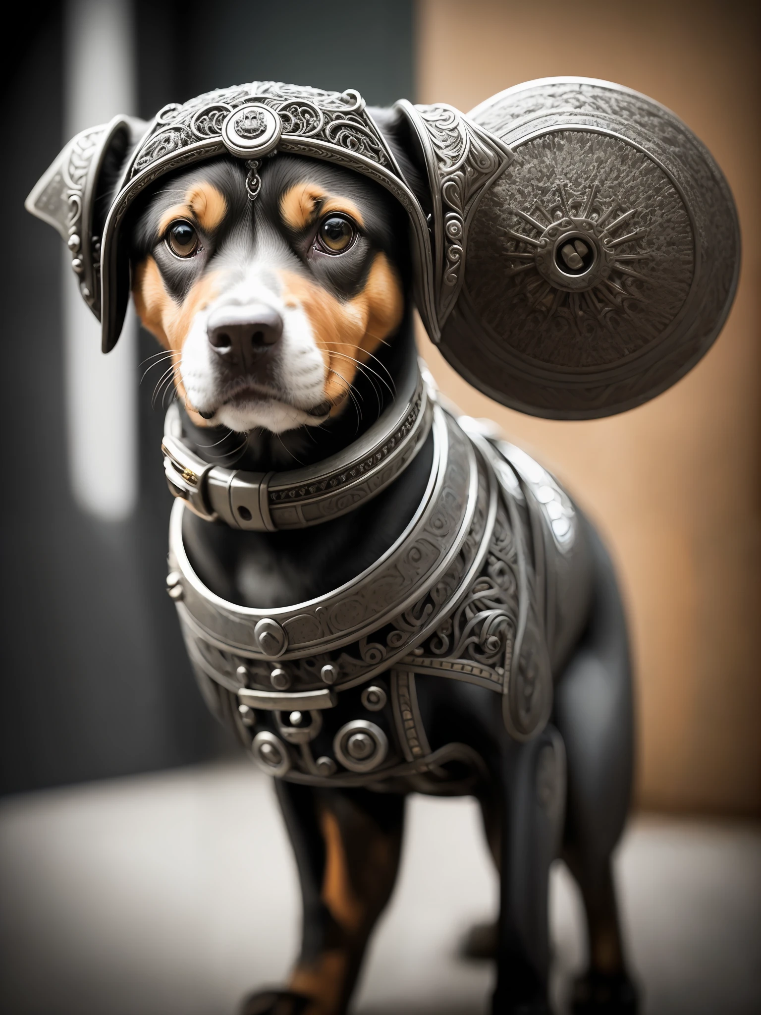 a cute dog made of metal, (cyborg:1.1), ([tail| detailed cable]:1.3), (intricate details), HDR, (intricate details, hyper-detailed:1.2), cinematic shot, vignette, centering