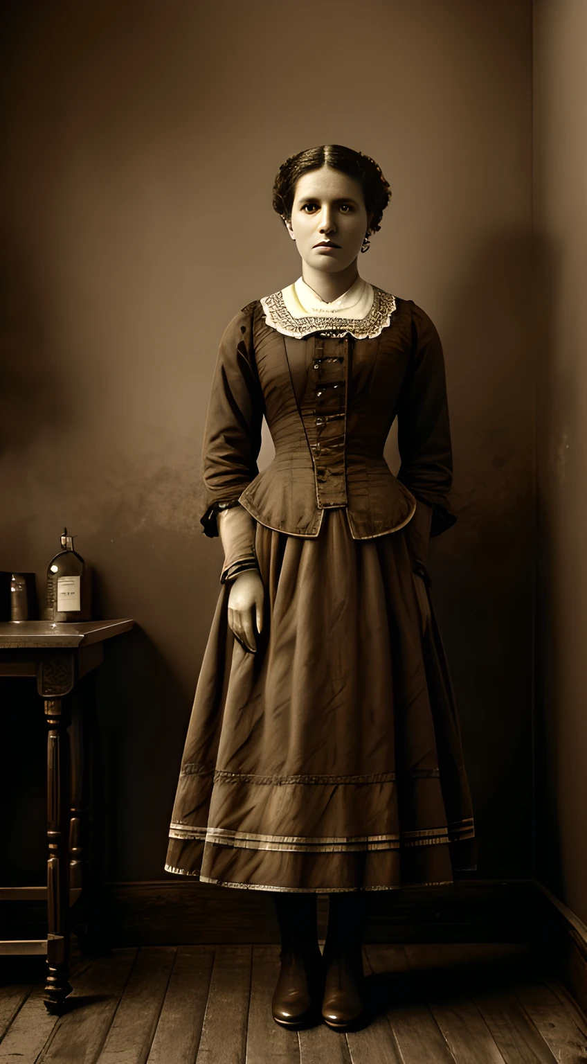 {A distressed woman from the 19th century standing in a Victorian-era treatment room}, vintage photograph, no specific art style, no artist inspirations, 70mm lens, long shot, indoor environment showing the entire treatment room, soft ambient light fills the room, Render includes (sepia:1.5) for a vintage look, (detailed:1.2) to show intricate details of the environment and clothing, and (UHD:1.25) for ultra high definition.