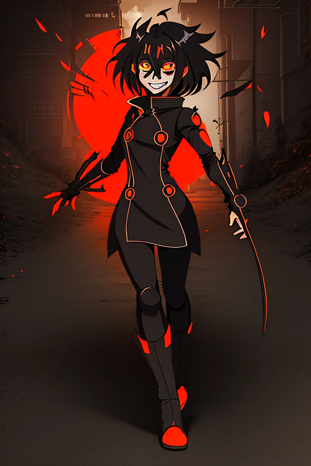 Best Quality, super detailed illustration, A  girl, (Crazy orange eyes:1.2),(wide eyes:1.2), (short disheveled black hair:1.2),(crazy smile:1.2) ,(Scars:1.2), combat pose, the perfect body