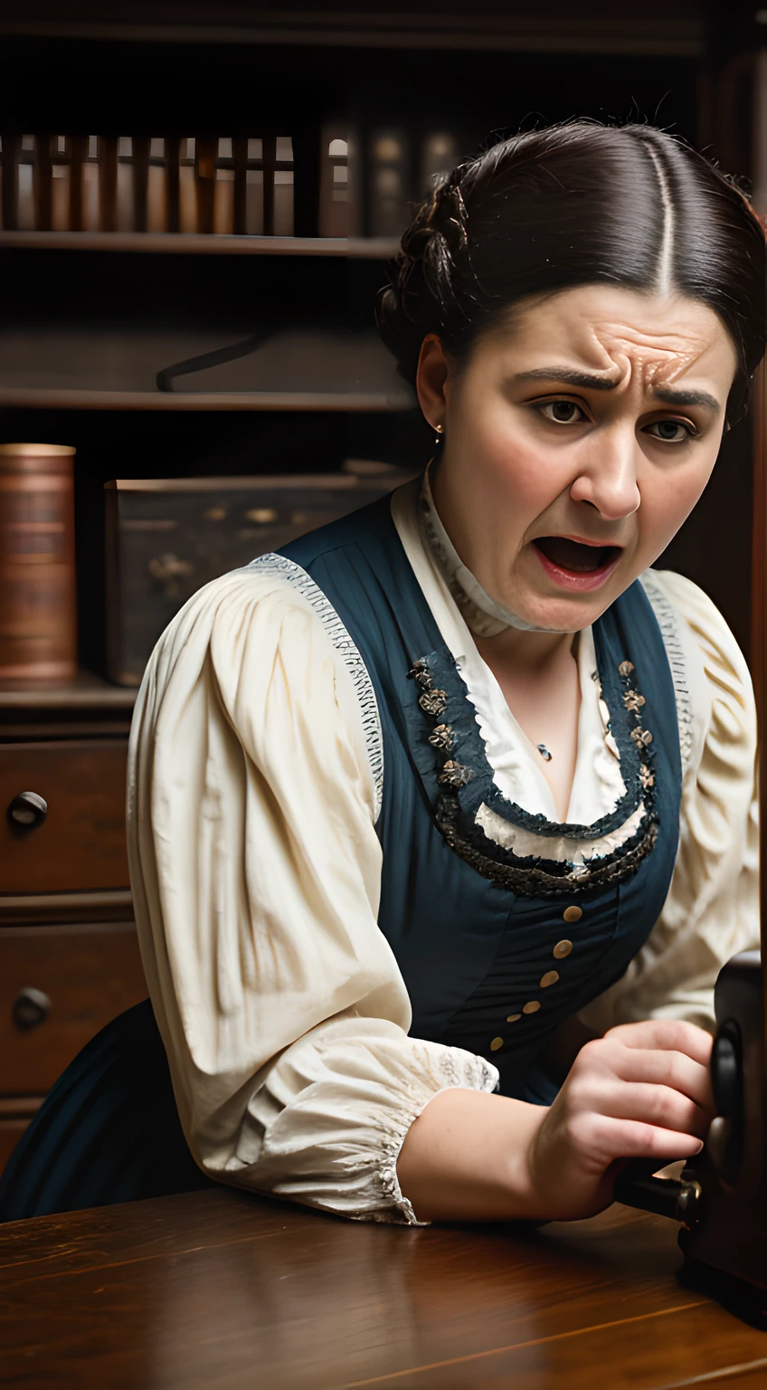 {A distressed and furious woman from the 19th century, wearing Victorian-era clothing, with expressions of intense anger and hysteria}, Digital Photograph, Vintage Style, None, Canon 35mm, Close-up, Rendered in 8K resolution, HDR lighting highlighting the drama, Antique Victorian-era doctor's office background with antique medical equipment and examination table.